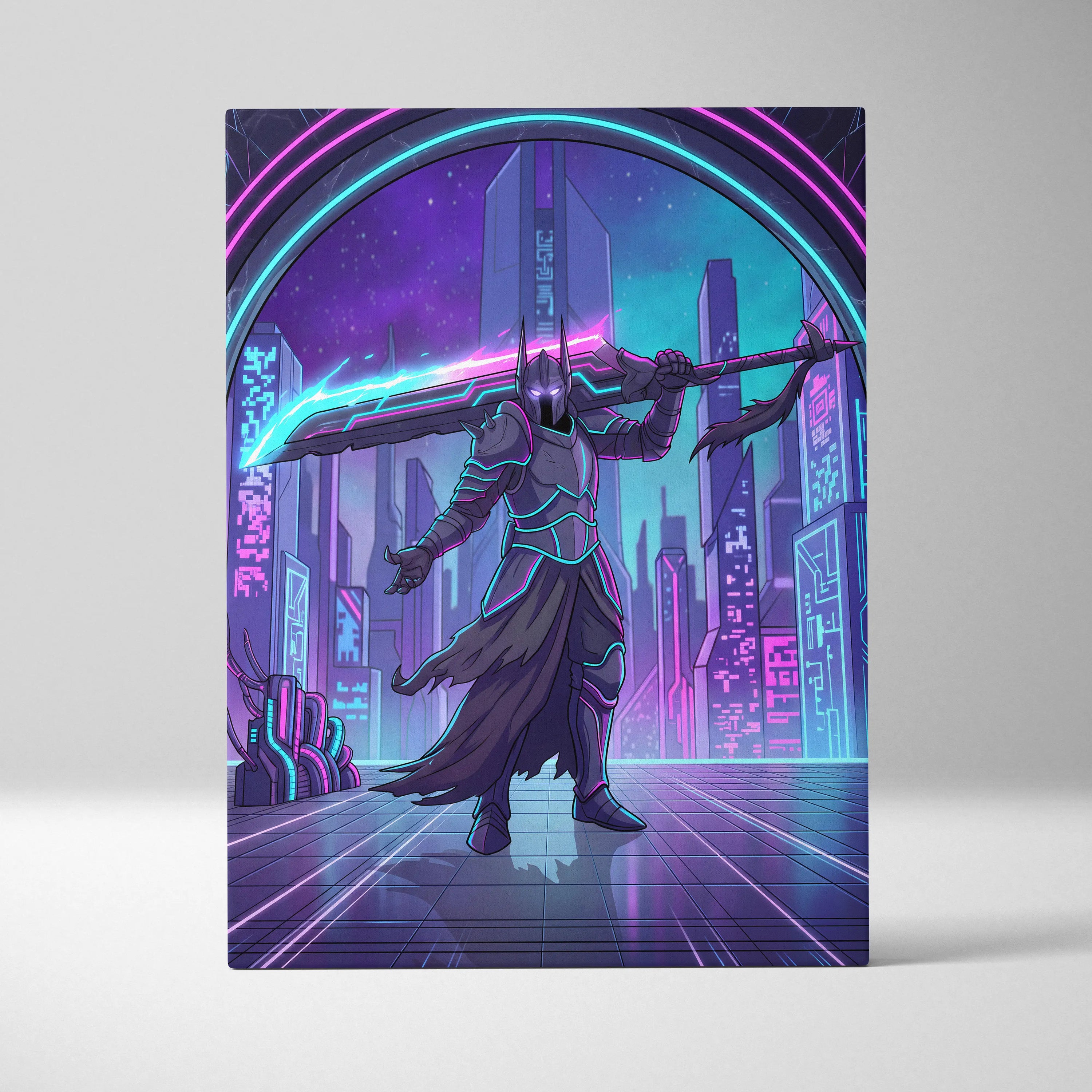Vaporwave Neon Warrior Canvas - Cyberpunk Warrior Neon Pink Blue Living Room Vaporwave Canvas Art
