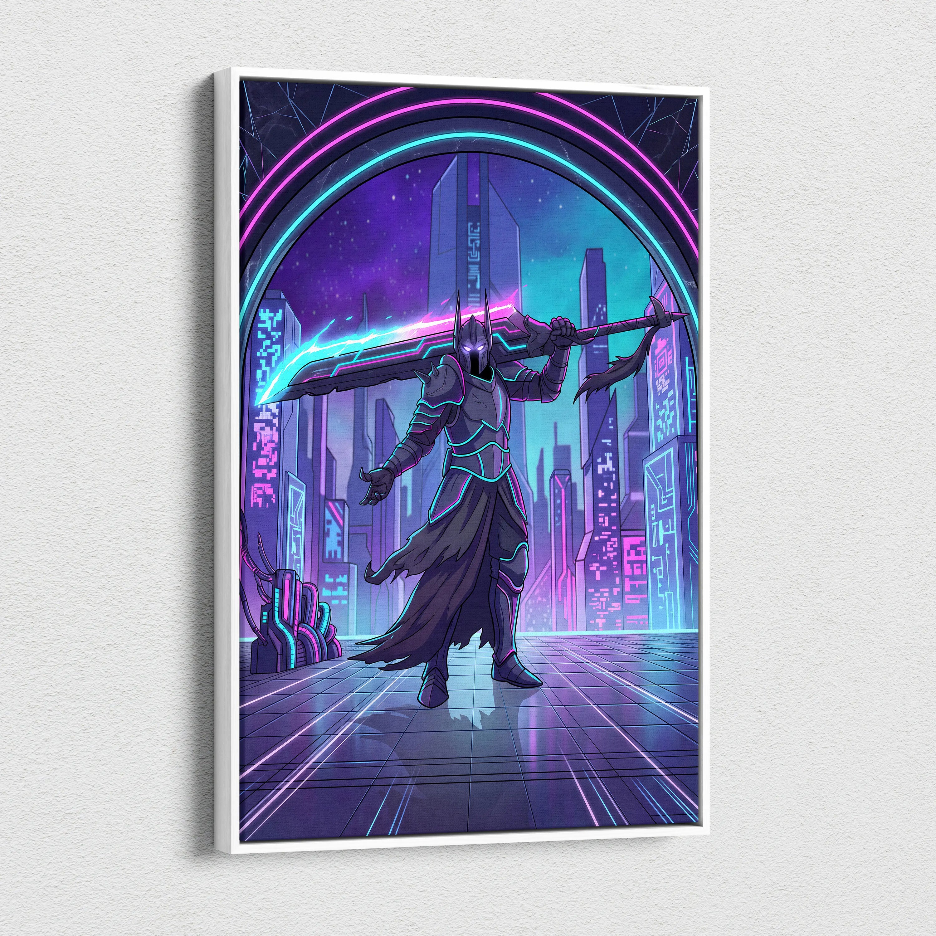 Vaporwave Neon Warrior Canvas - Cyberpunk Warrior Neon Pink Blue Living Room Vaporwave Canvas Art