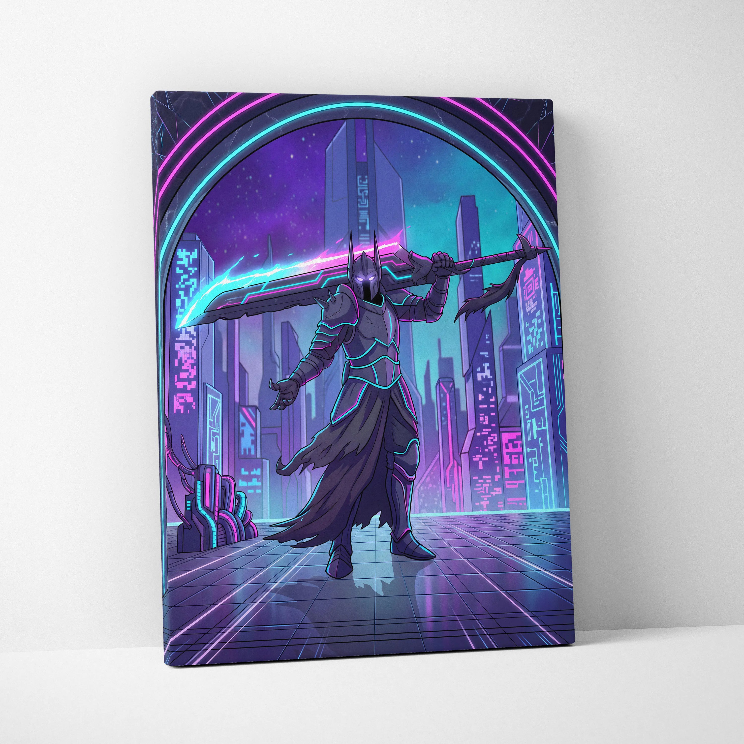 Vaporwave Neon Warrior Canvas - Cyberpunk Warrior Neon Pink Blue Living Room Vaporwave Canvas Art