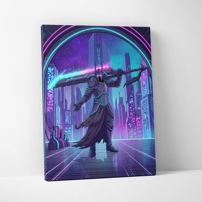 Vaporwave Neon Warrior Canvas - Cyberpunk Warrior Neon Pink Blue Living Room Vaporwave Canvas Art