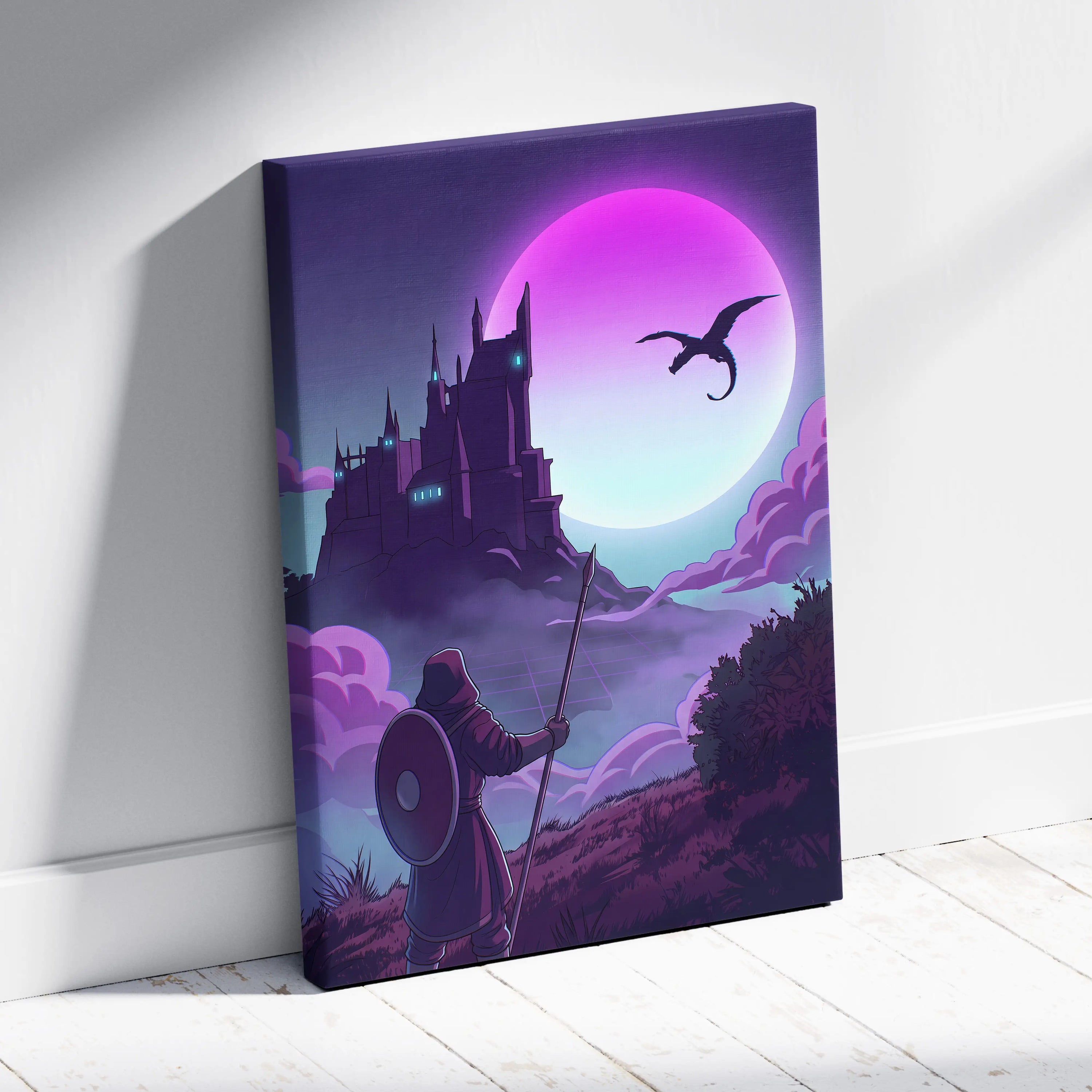 Vaporwave Fantasy Knight In Neon - Knight Pink Cyan Vaporwave Canvas Dreamy Retro Futurism Neon Wall Art Canvas