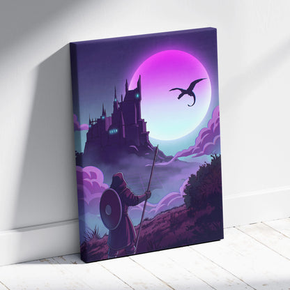 Vaporwave Fantasy Knight In Neon - Knight Pink Cyan Vaporwave Canvas Dreamy Retro Futurism Neon Wall Art Canvas