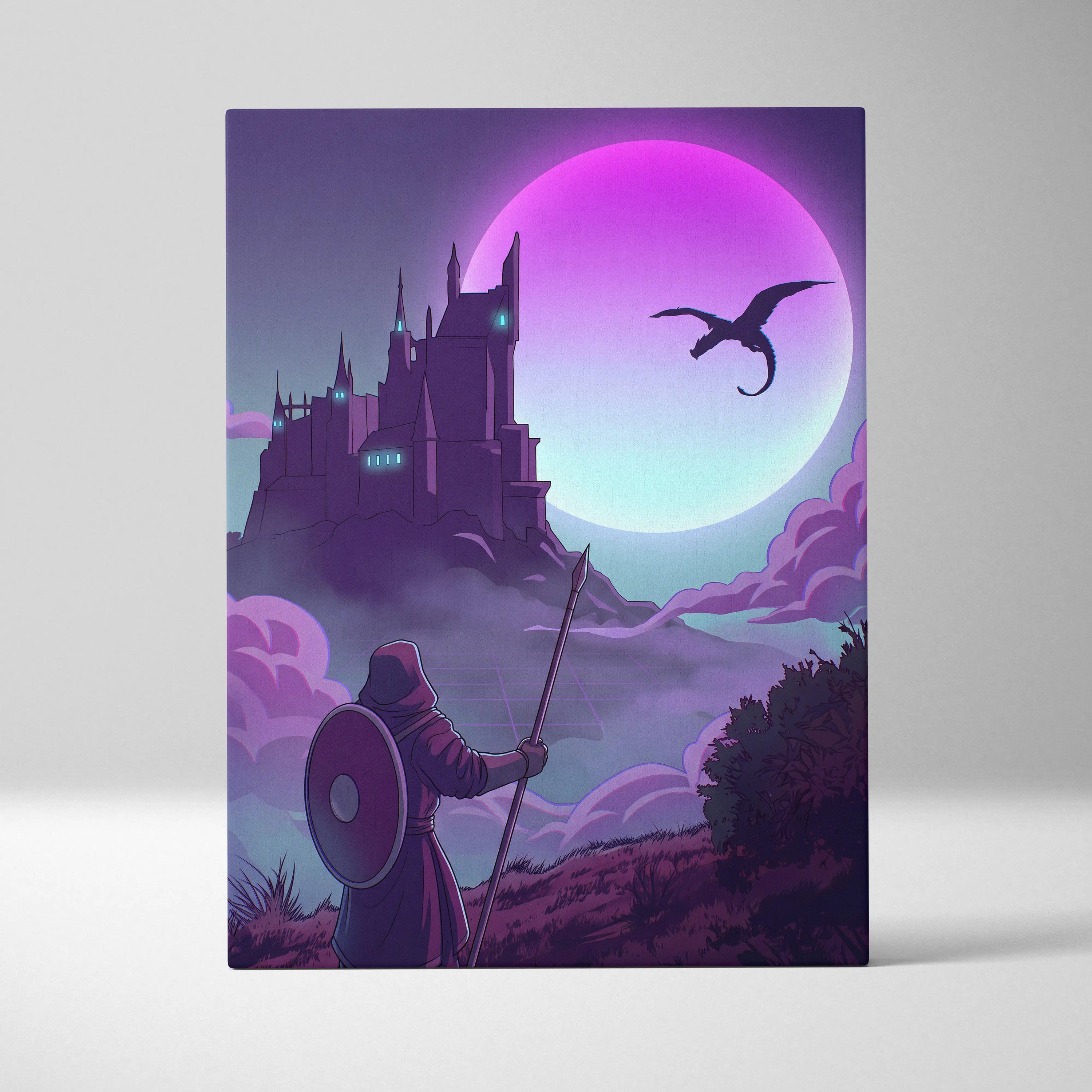 Vaporwave Fantasy Knight In Neon - Knight Pink Cyan Vaporwave Canvas Dreamy Retro Futurism Neon Wall Art Canvas