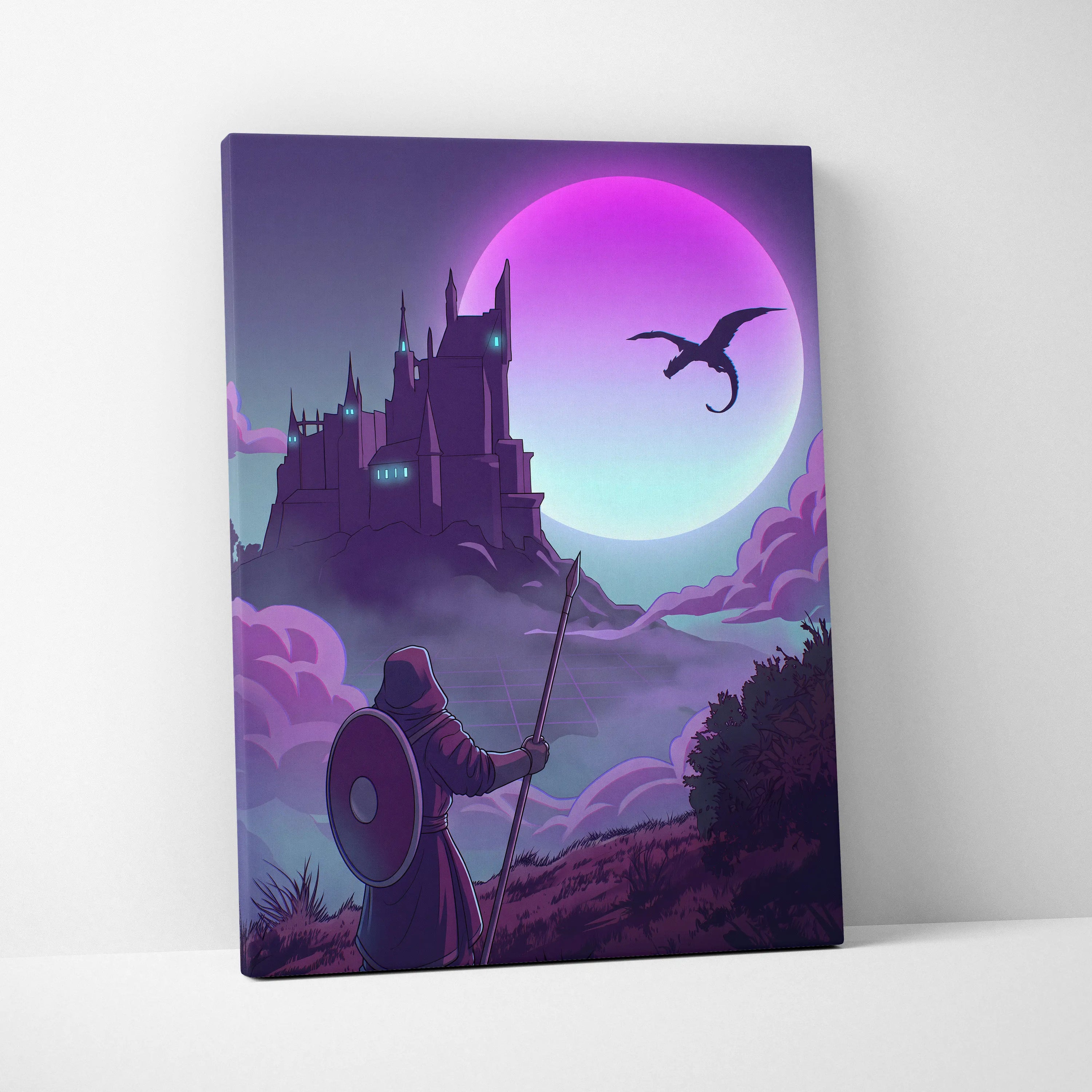 Vaporwave Fantasy Knight In Neon - Knight Pink Cyan Vaporwave Canvas Dreamy Retro Futurism Neon Wall Art Canvas