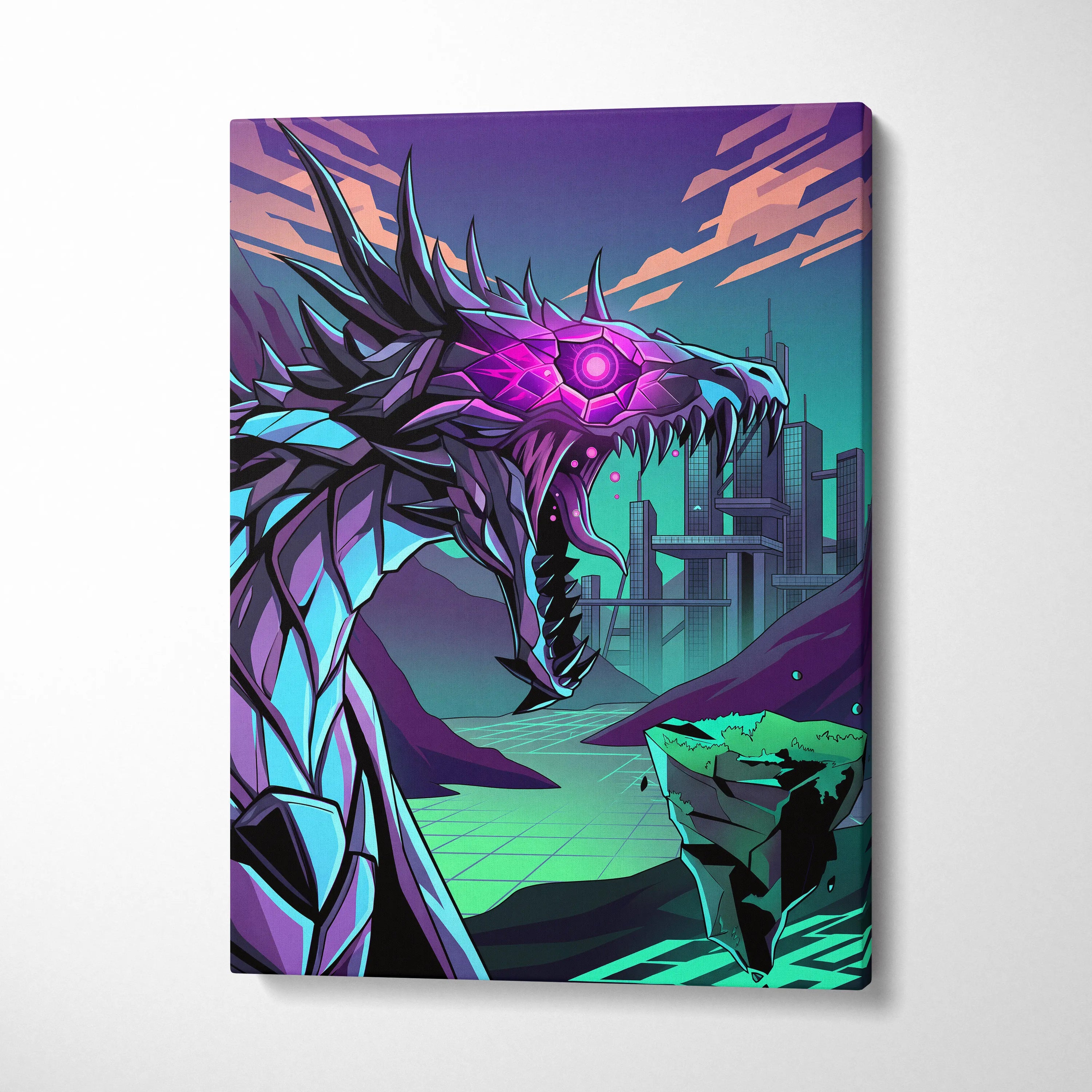 Neon Vapor Dragon Canvas - Dragon Neon Pink Teal LivingRoom Vaporwave Mood Vibrant Retro Decor Canvas Print