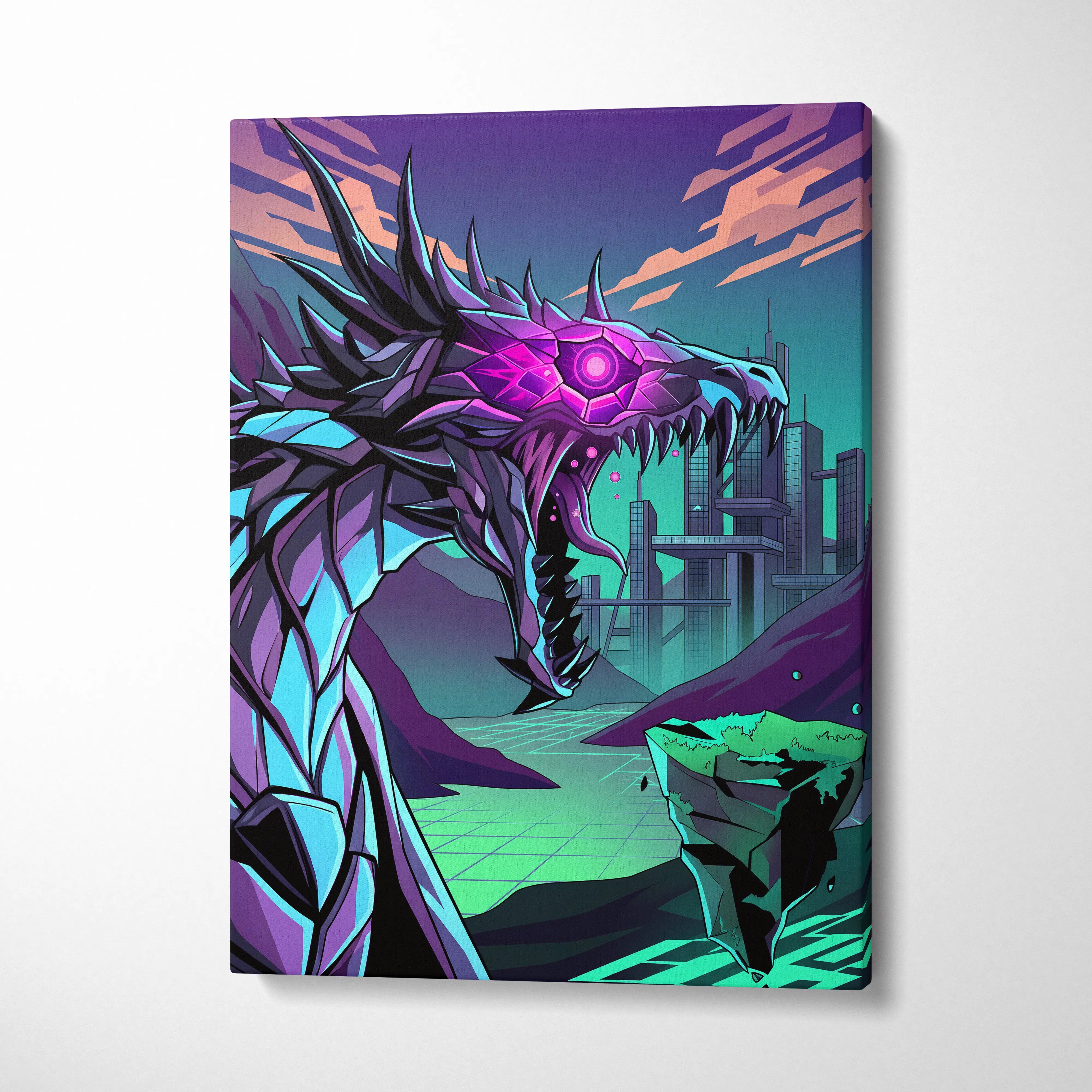 Neon Vapor Dragon Canvas - Dragon Neon Pink Teal LivingRoom Vaporwave Mood Vibrant Retro Decor Canvas Print