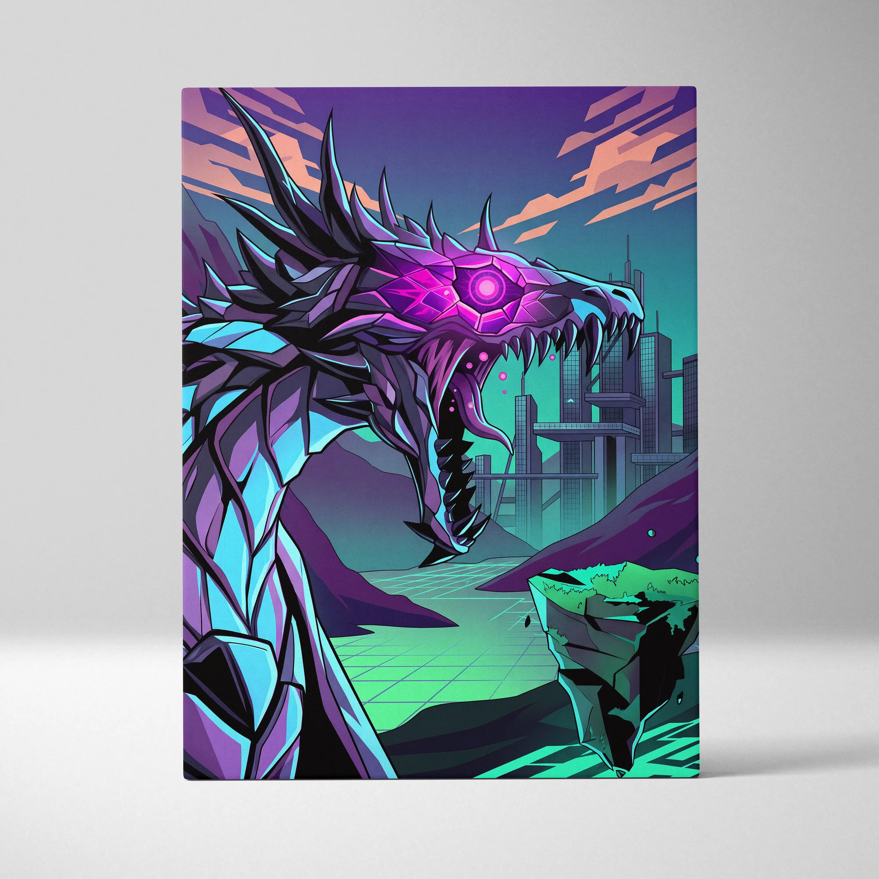 Neon Vapor Dragon Canvas - Dragon Neon Pink Teal LivingRoom Vaporwave Mood Vibrant Retro Decor Canvas Print