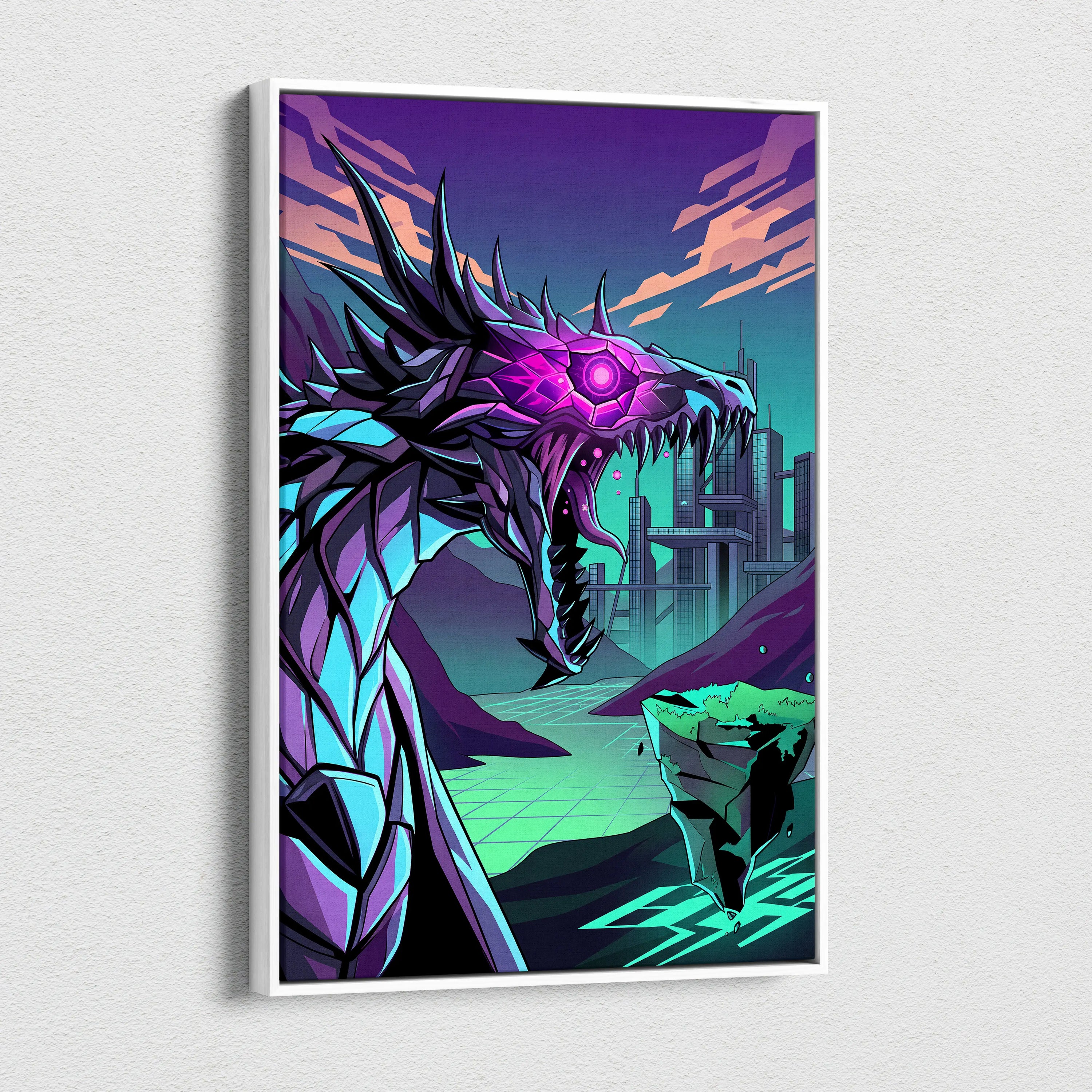 Neon Vapor Dragon Canvas - Dragon Neon Pink Teal LivingRoom Vaporwave Mood Vibrant Retro Decor Canvas Print