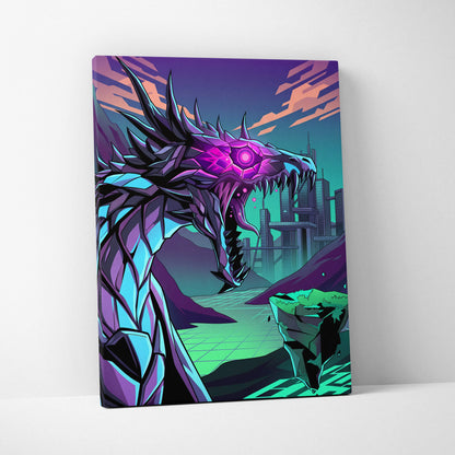 Neon Vapor Dragon Canvas - Dragon Neon Pink Teal LivingRoom Vaporwave Mood Vibrant Retro Decor Canvas Print