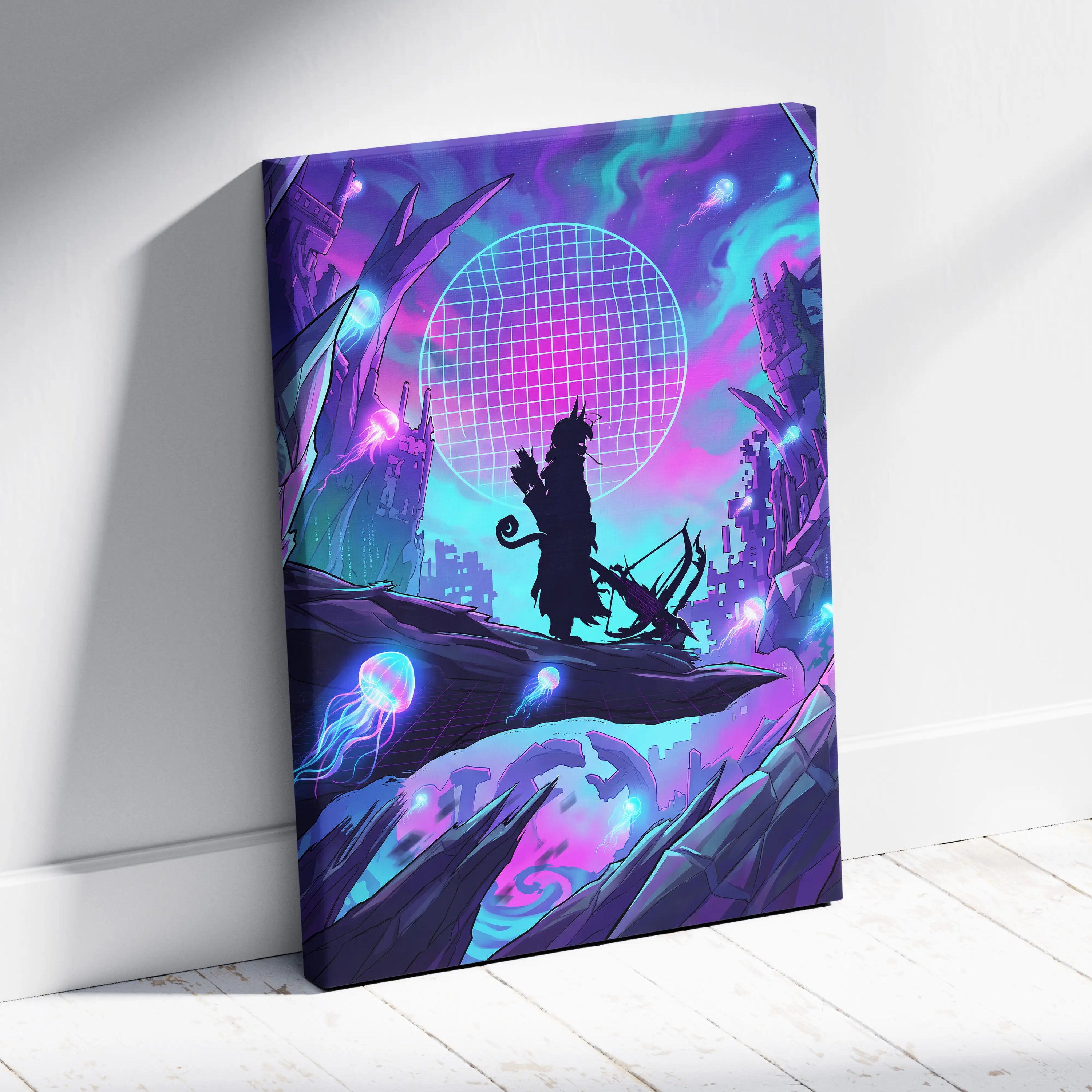 Vaporwave Neon Dreamscape Canvas - Vaporwave Scene Neon Pink Blue Living Room Retro-Futurism Mystical Mood Wall Art