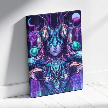 Neon Vaporwave Oracle Canvas - Mystical Goddess Neon Purple Blue Living Room Vaporwave Dreamy Mood Neon Art Canvas Print