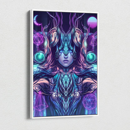 Neon Vaporwave Oracle Canvas - Mystical Goddess Neon Purple Blue Living Room Vaporwave Dreamy Mood Neon Art Canvas Print