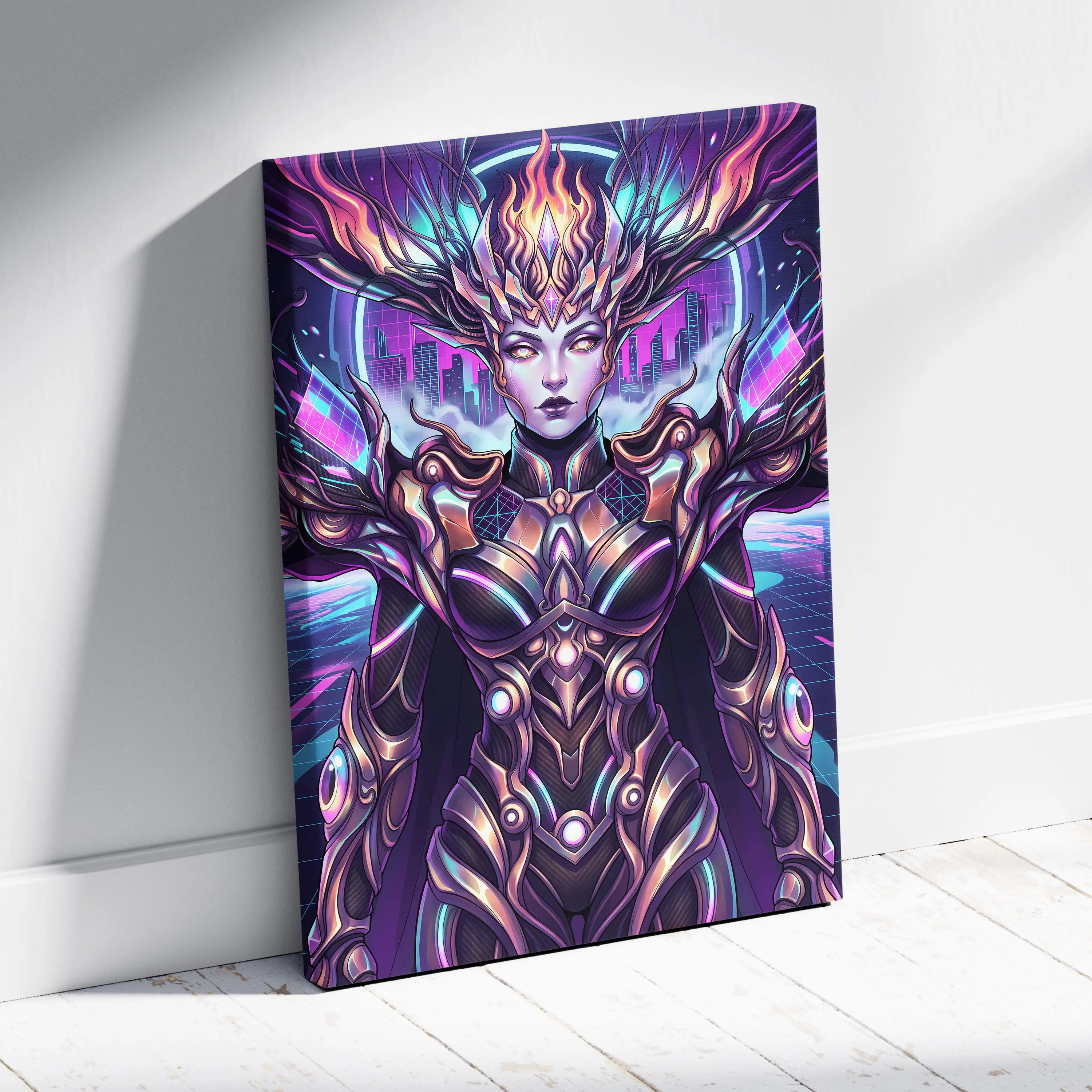 Vaporwave Neon Oracle Portrait - Futuristic Female Portrait Neon Pink LivingRoom Vaporwave Mood Neon Futurism Canvas