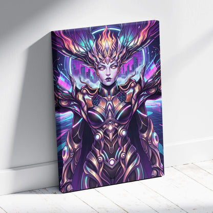 Vaporwave Neon Oracle Portrait - Futuristic Female Portrait Neon Pink LivingRoom Vaporwave Mood Neon Futurism Canvas