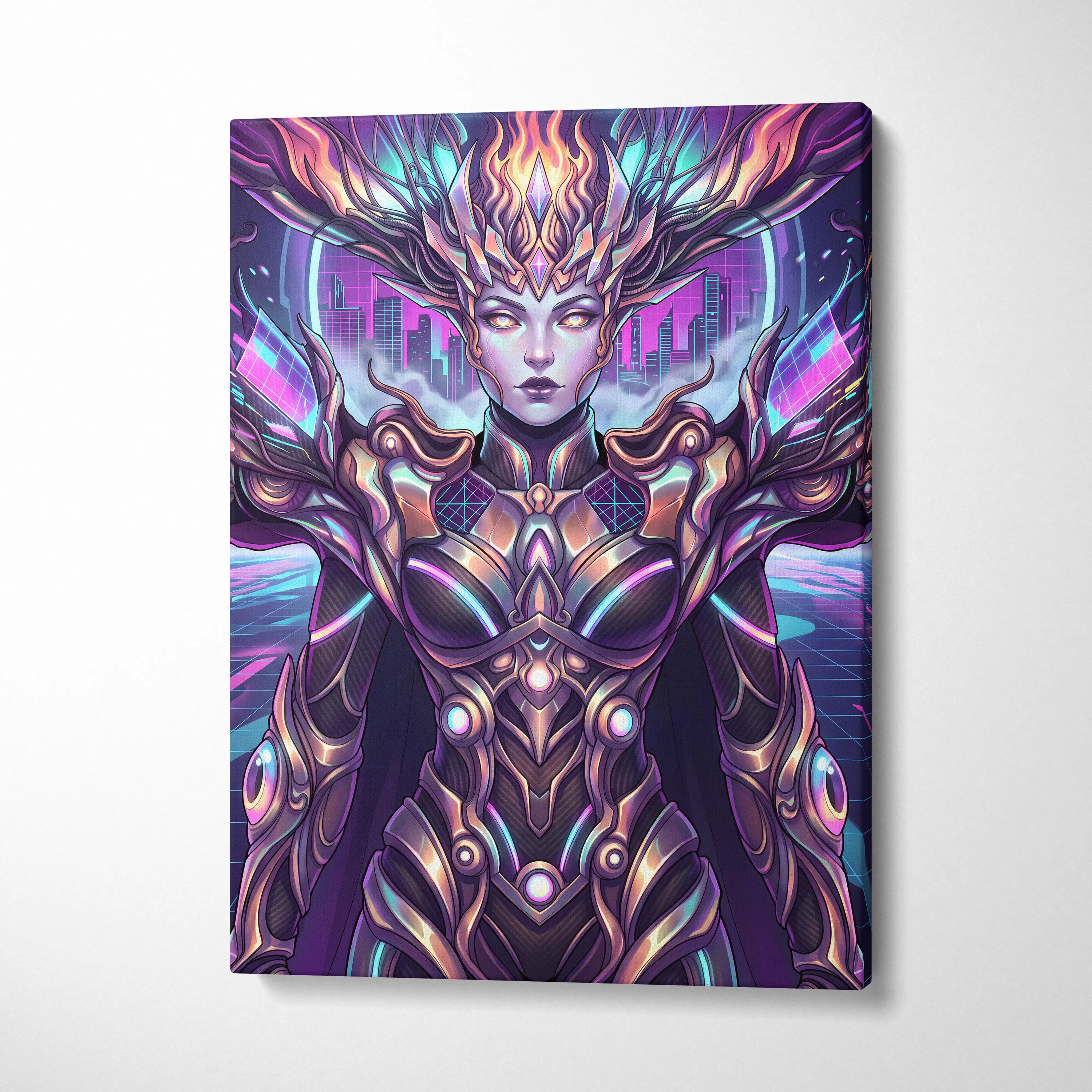 Vaporwave Neon Oracle Portrait - Futuristic Female Portrait Neon Pink LivingRoom Vaporwave Mood Neon Futurism Canvas