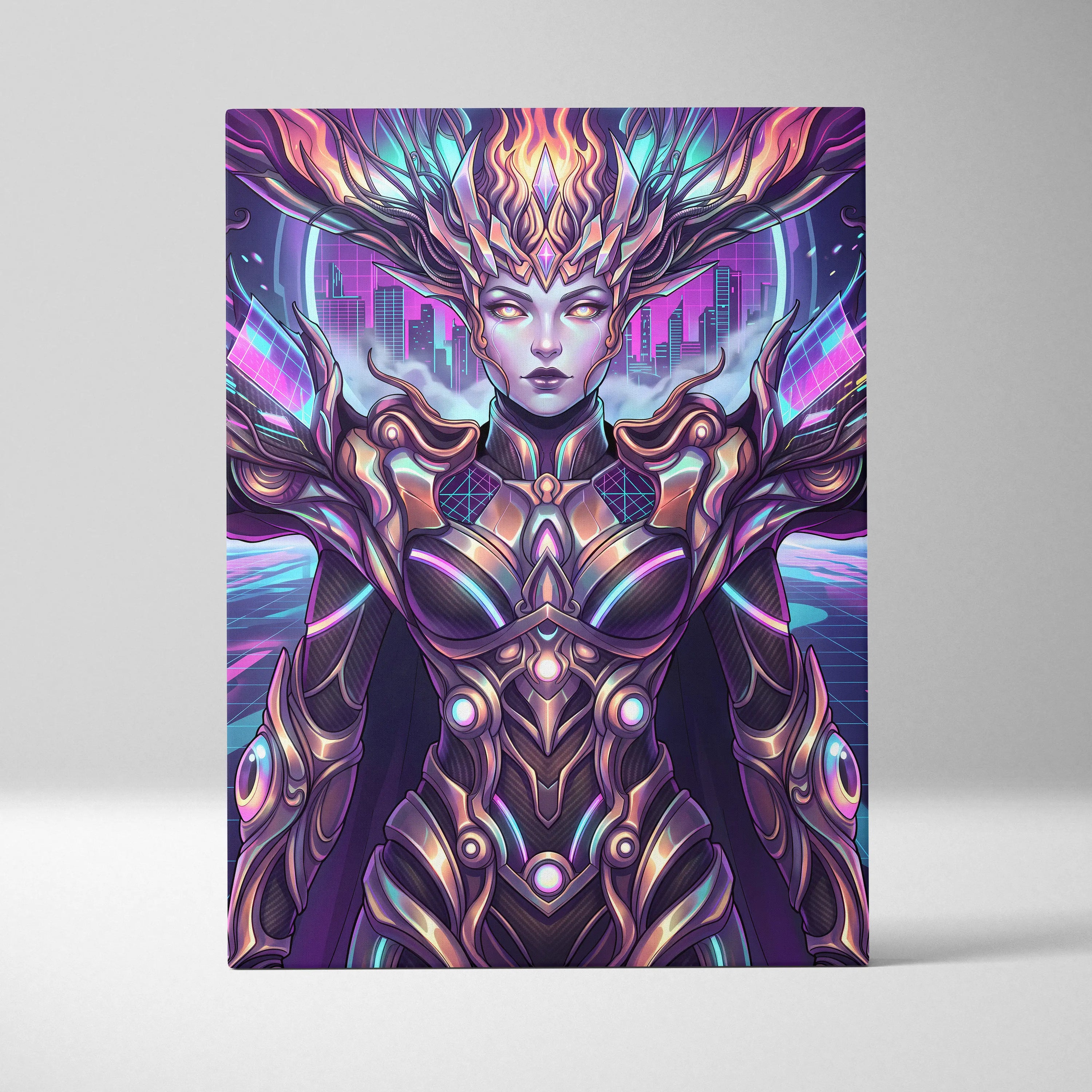 Vaporwave Neon Oracle Portrait - Futuristic Female Portrait Neon Pink LivingRoom Vaporwave Mood Neon Futurism Canvas