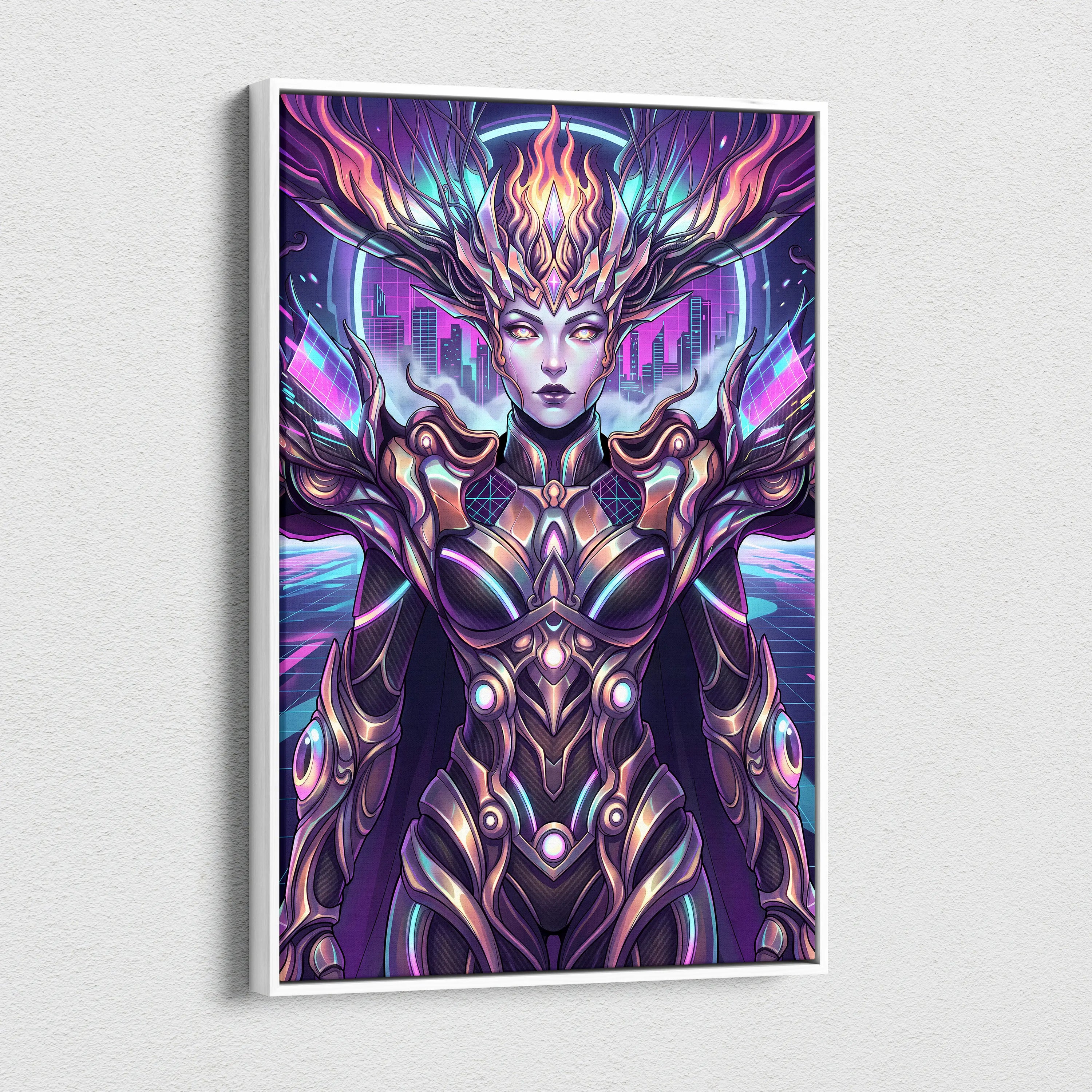 Vaporwave Neon Oracle Portrait - Futuristic Female Portrait Neon Pink LivingRoom Vaporwave Mood Neon Futurism Canvas