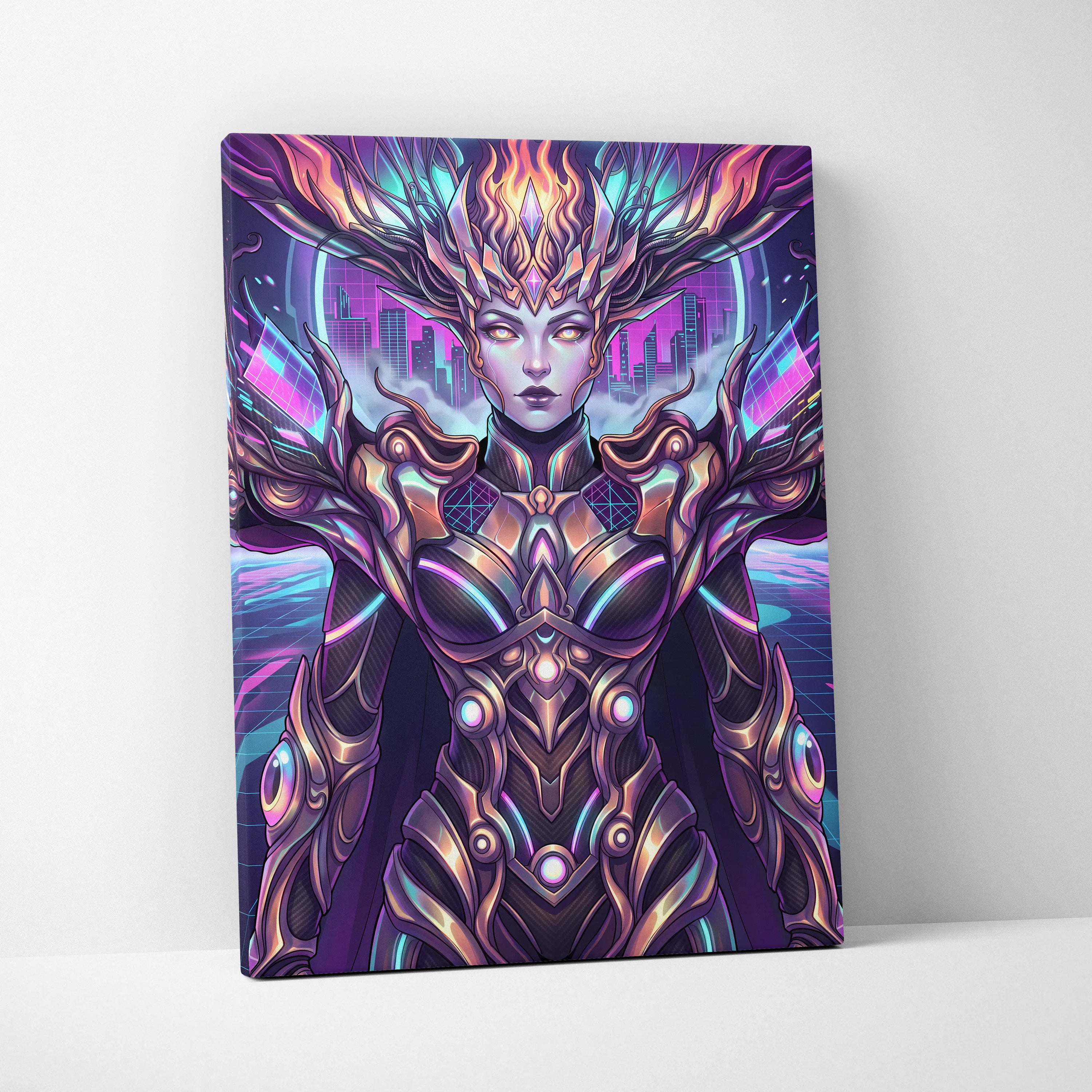 Vaporwave Neon Oracle Portrait - Futuristic Female Portrait Neon Pink LivingRoom Vaporwave Mood Neon Futurism Canvas