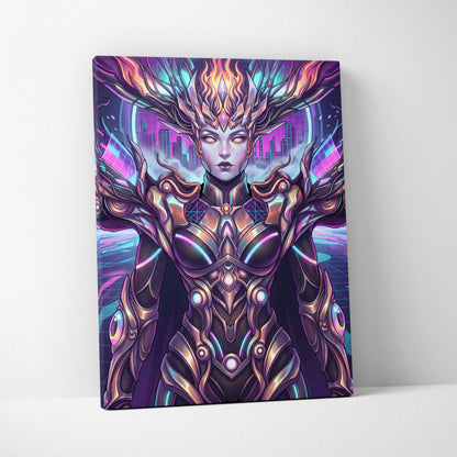 Vaporwave Neon Oracle Portrait - Futuristic Female Portrait Neon Pink LivingRoom Vaporwave Mood Neon Futurism Canvas