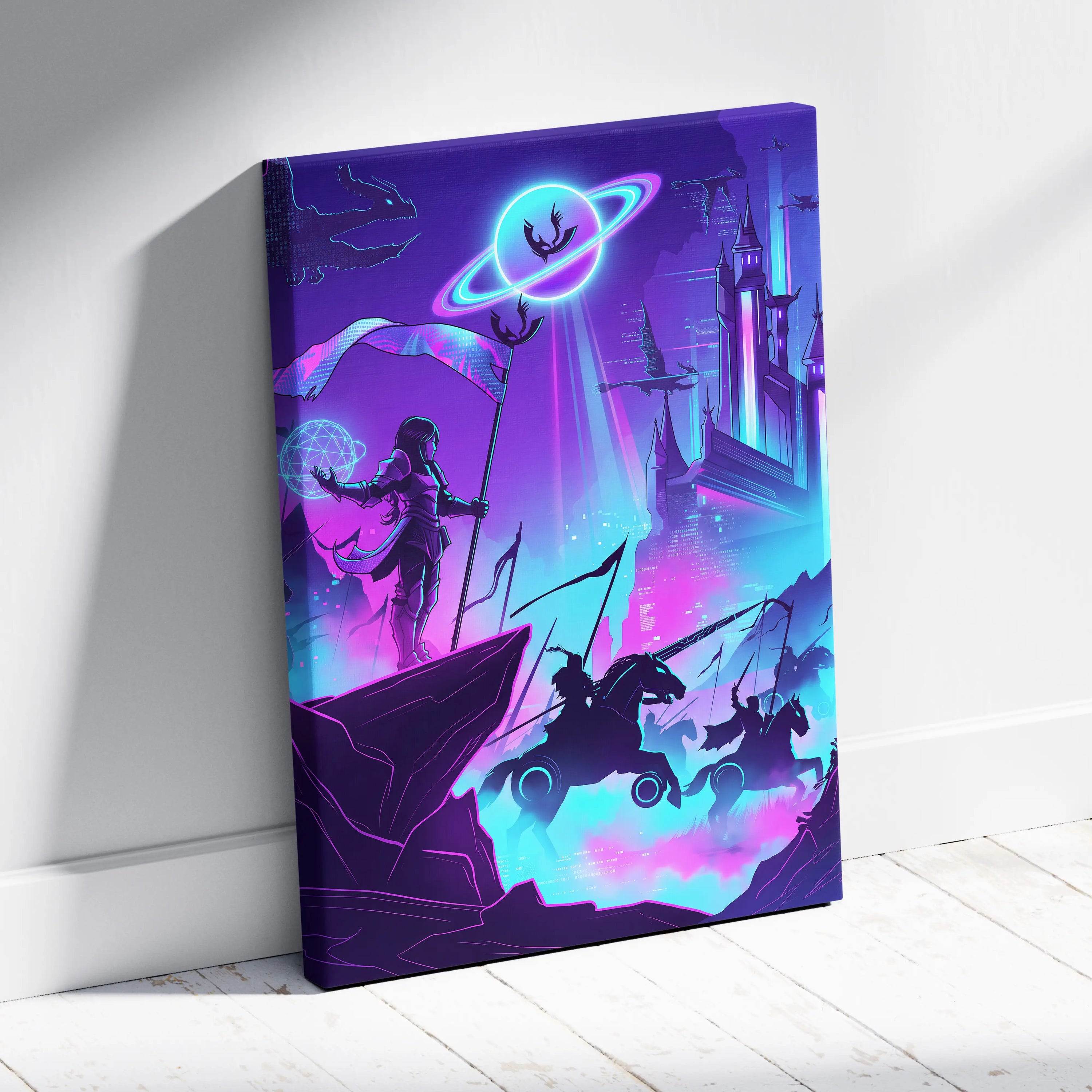 Vaporwave Neon Fantasy Canvas - Mystical Neon Characters Purple Blue Vaporwave Wall Art Dreamy Mood, Retro Futurism