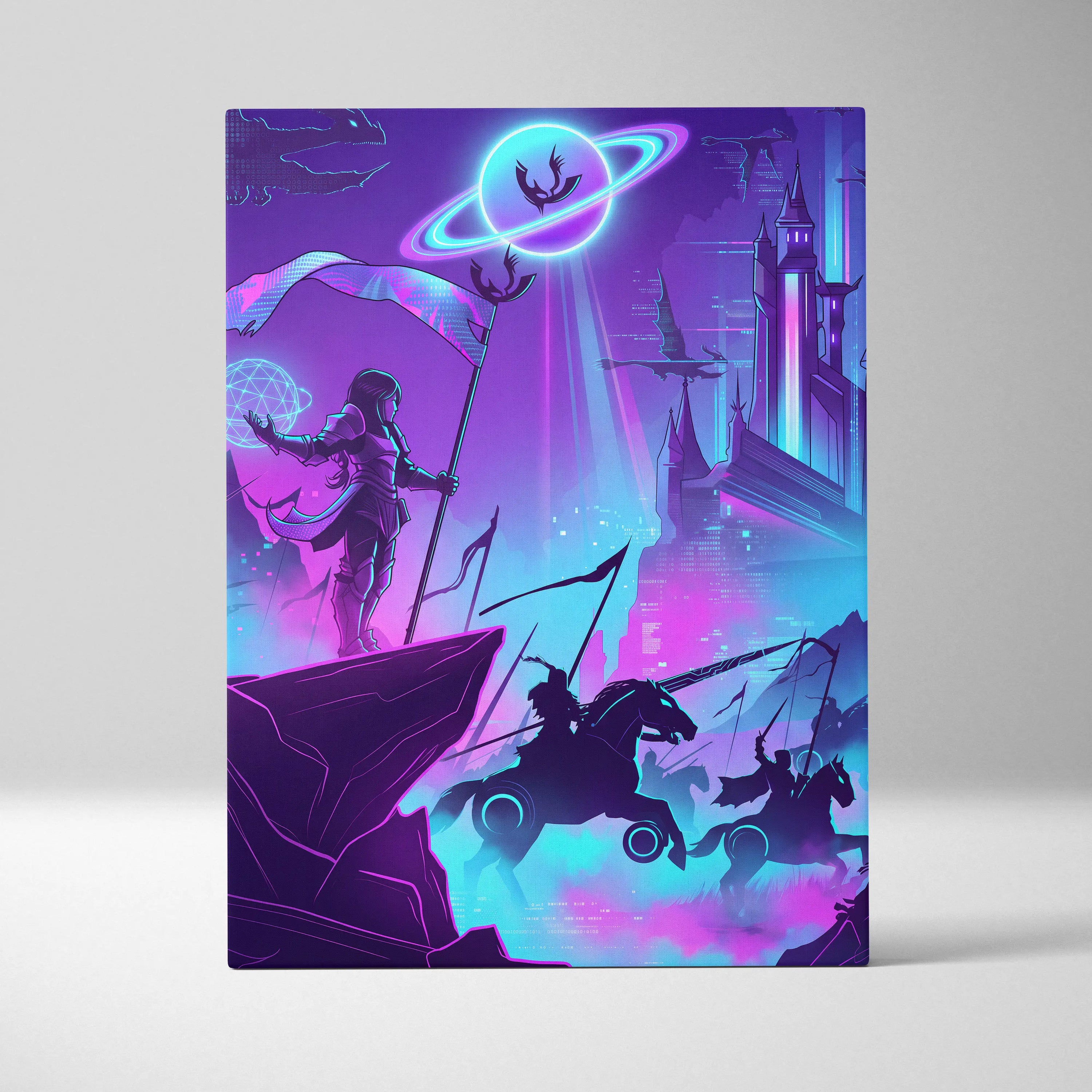 Vaporwave Neon Fantasy Canvas - Mystical Neon Characters Purple Blue Vaporwave Wall Art Dreamy Mood, Retro Futurism