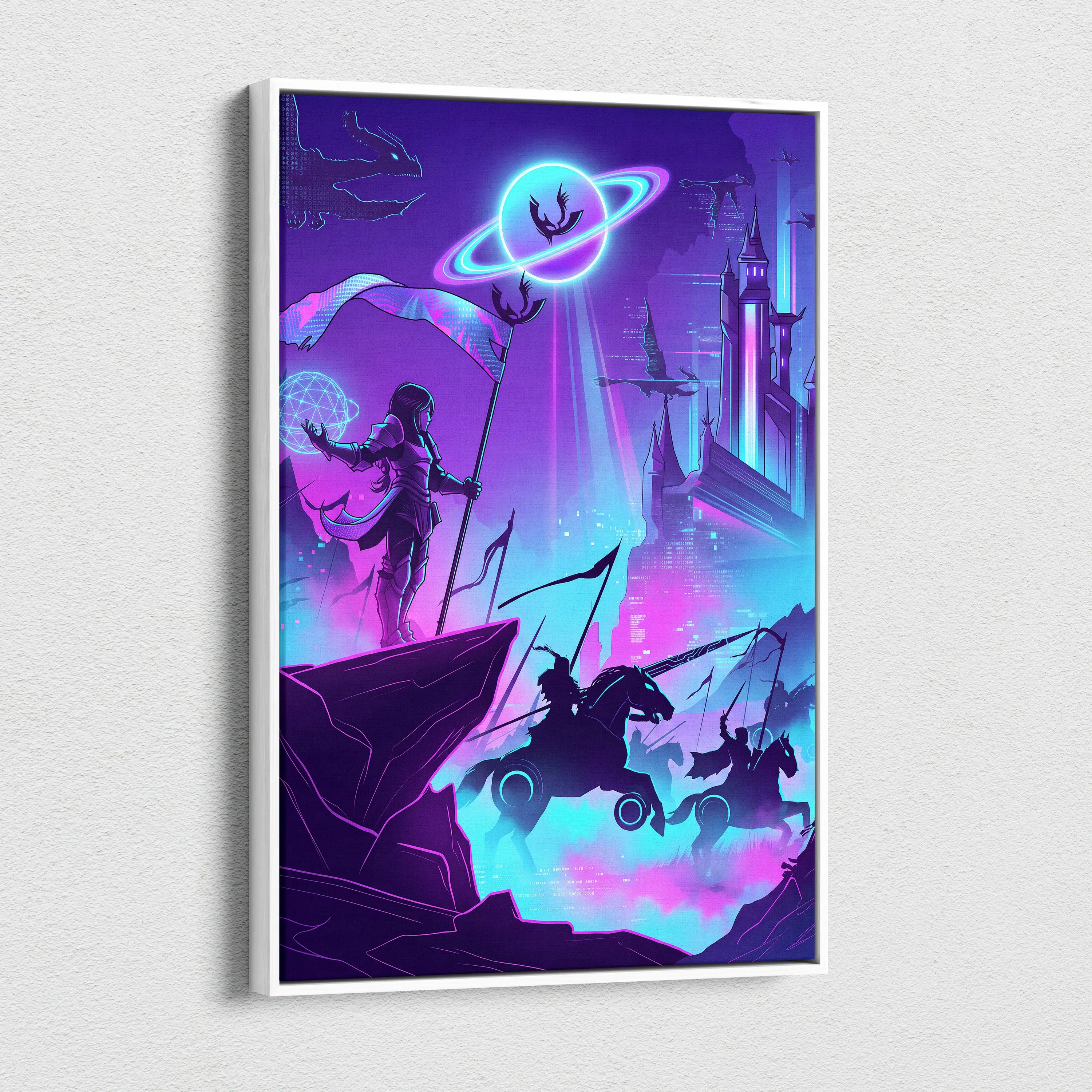 Vaporwave Neon Fantasy Canvas - Mystical Neon Characters Purple Blue Vaporwave Wall Art Dreamy Mood, Retro Futurism