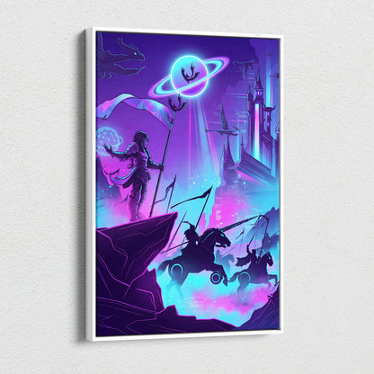 Vaporwave Neon Fantasy Canvas - Mystical Neon Characters Purple Blue Vaporwave Wall Art Dreamy Mood, Retro Futurism