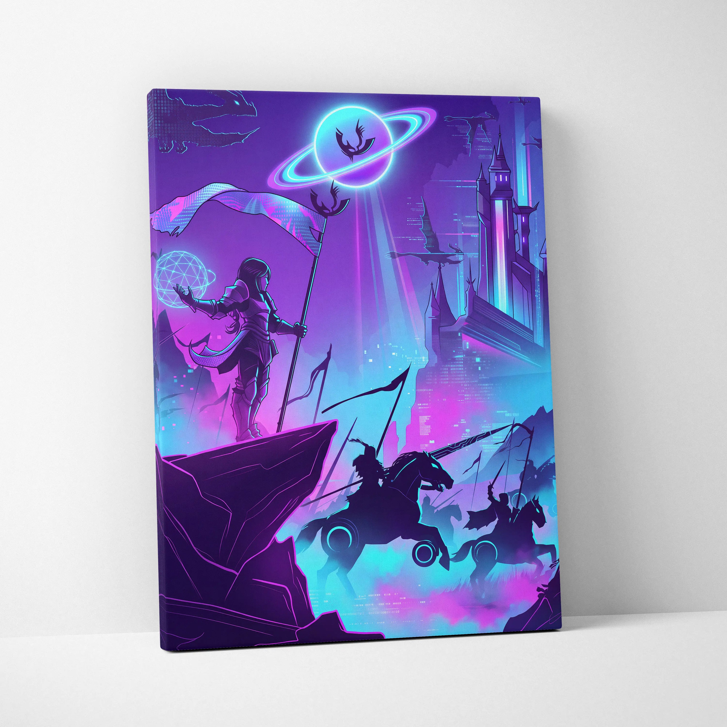 Vaporwave Neon Fantasy Canvas - Mystical Neon Characters Purple Blue Vaporwave Wall Art Dreamy Mood, Retro Futurism