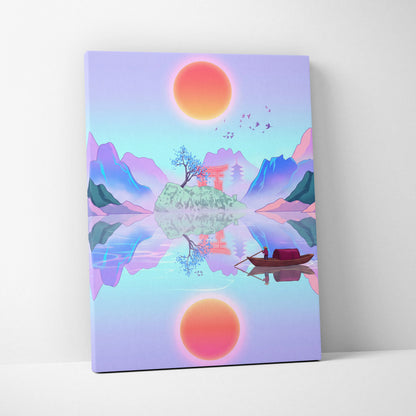 Vaporwave Japan Landscape Canvas - Japan Landscape Pastel Pink Blue Living Room Vaporwave Dreamy Nostalgic Canvas Print