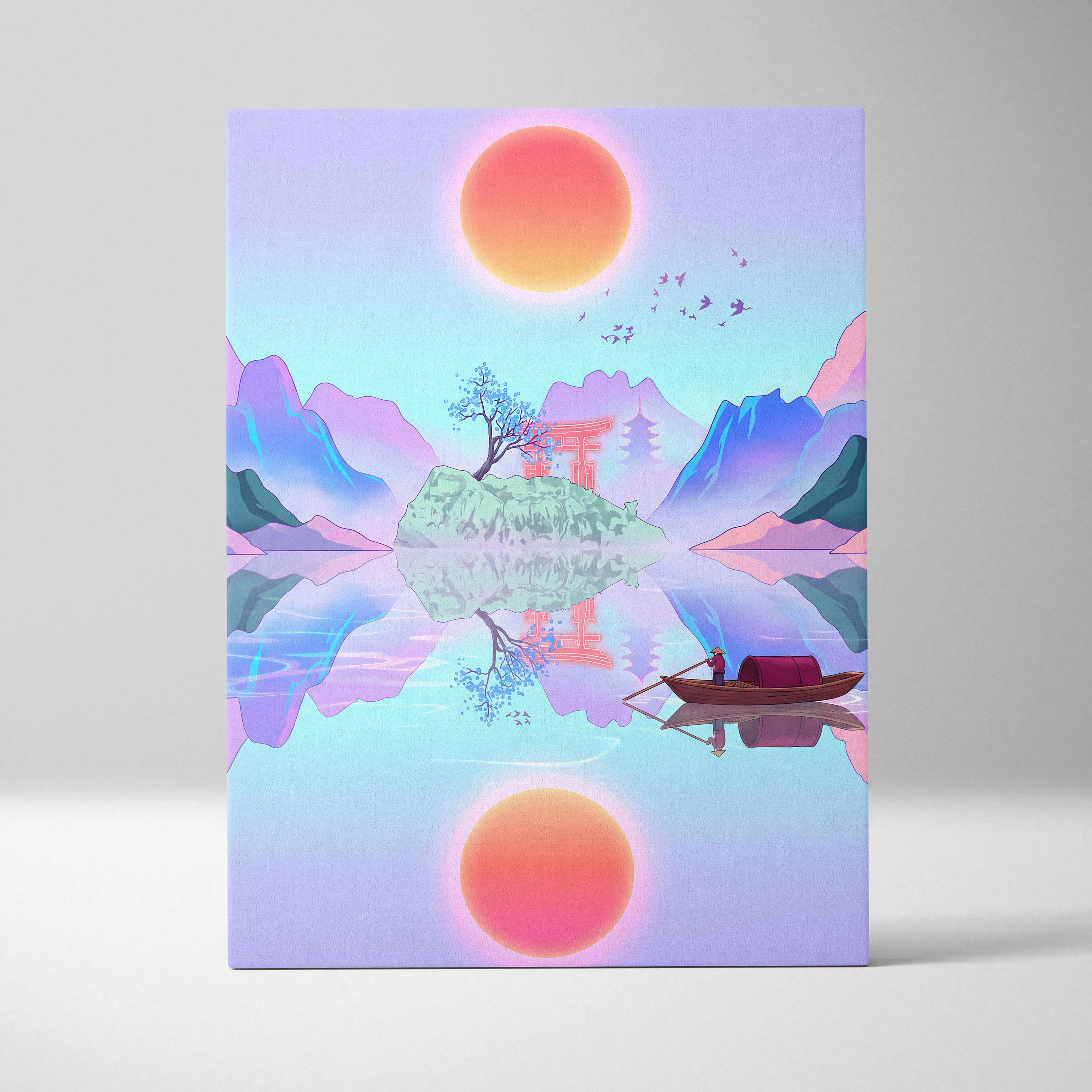 Vaporwave Japan Landscape Canvas - Japan Landscape Pastel Pink Blue Living Room Vaporwave Dreamy Nostalgic Canvas Print
