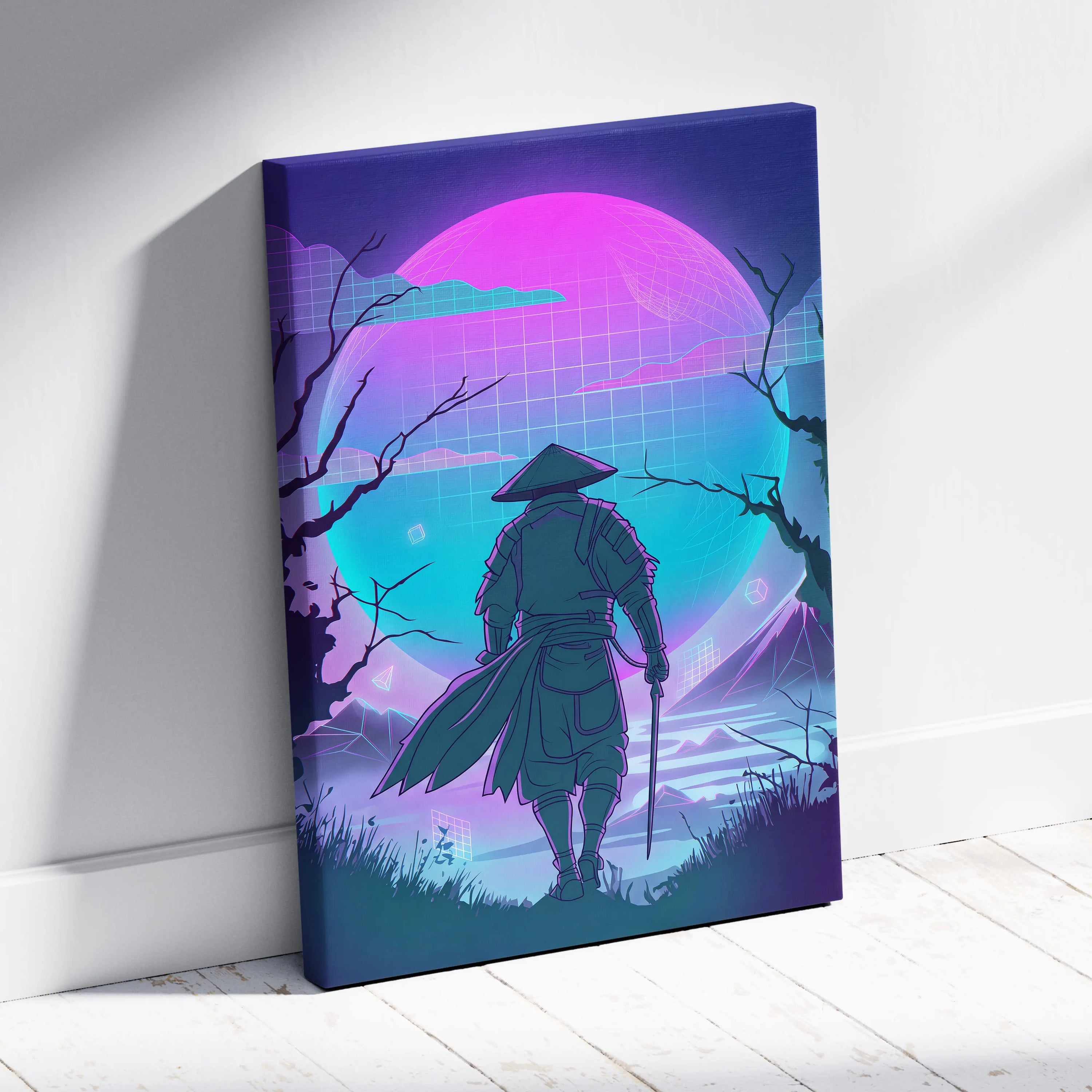 Vaporwave Neon Samurai Canvas - Samurai Neon Pink Purple Teal Living Room Vaporwave Dreamy Mood Neon Grid Canvas Print