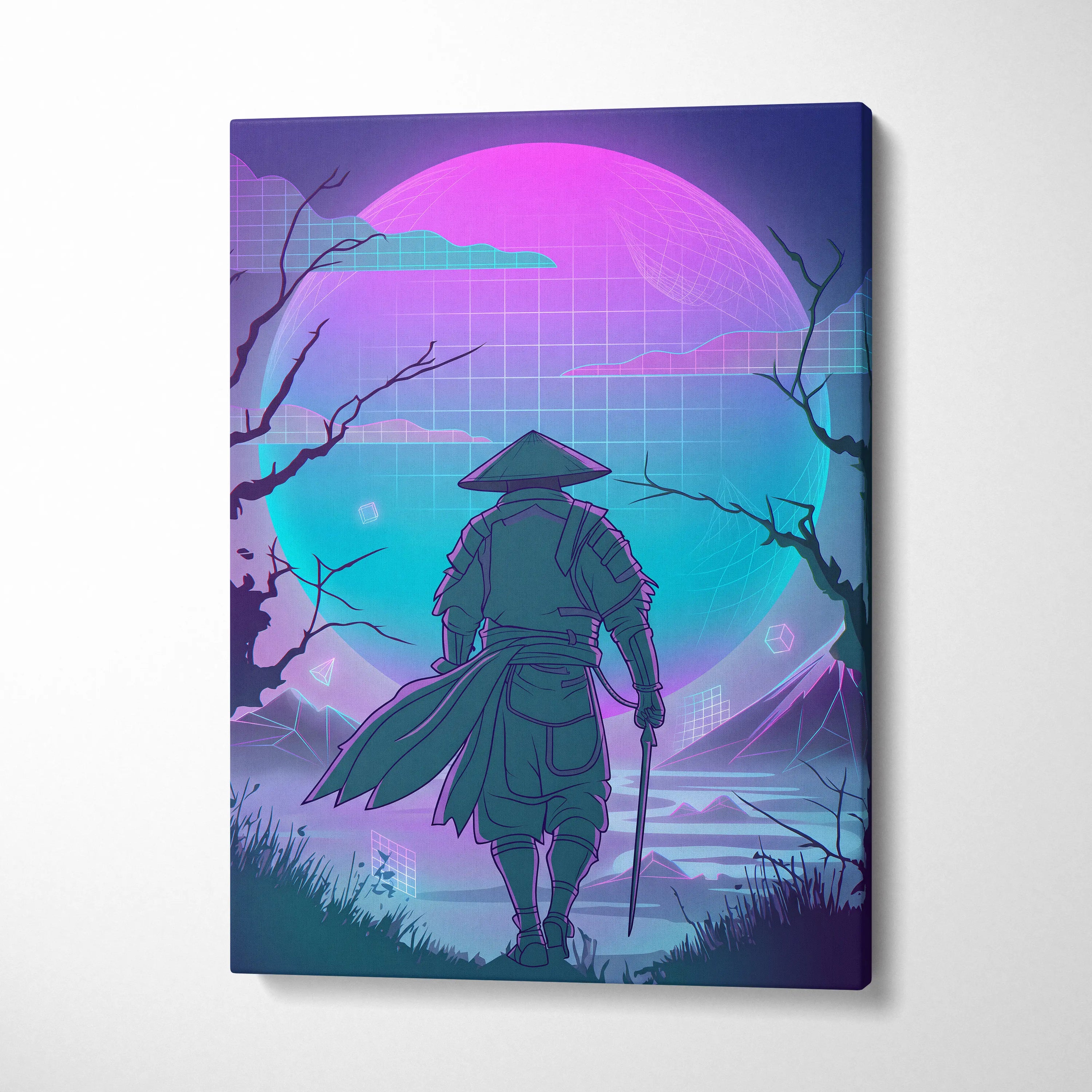 Vaporwave Neon Samurai Canvas - Samurai Neon Pink Purple Teal Living Room Vaporwave Dreamy Mood Neon Grid Canvas Print