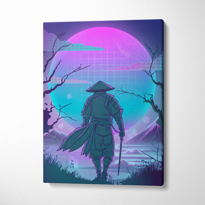 Vaporwave Neon Samurai Canvas - Samurai Neon Pink Purple Teal Living Room Vaporwave Dreamy Mood Neon Grid Canvas Print