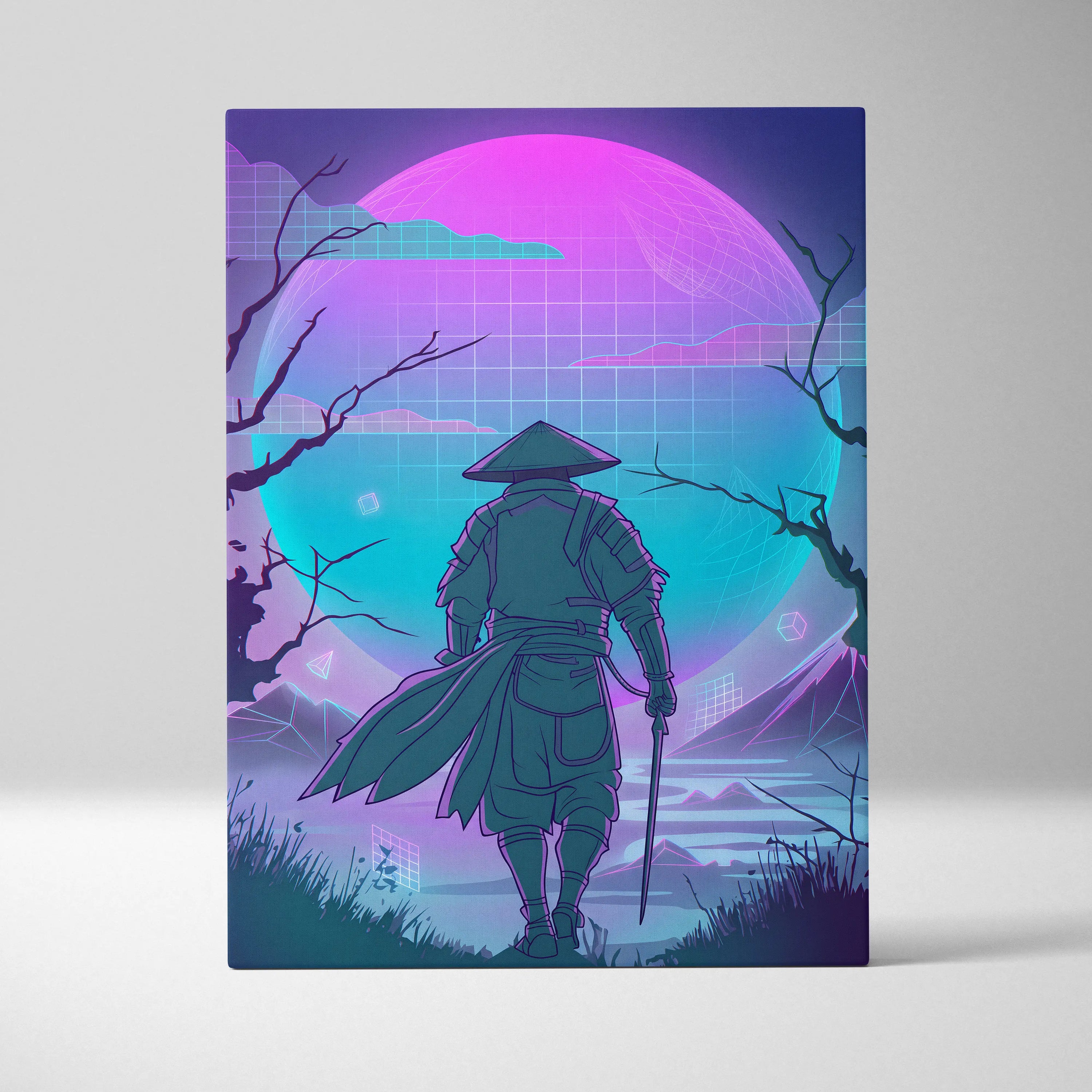 Vaporwave Neon Samurai Canvas - Samurai Neon Pink Purple Teal Living Room Vaporwave Dreamy Mood Neon Grid Canvas Print