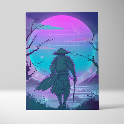 Vaporwave Neon Samurai Canvas - Samurai Neon Pink Purple Teal Living Room Vaporwave Dreamy Mood Neon Grid Canvas Print