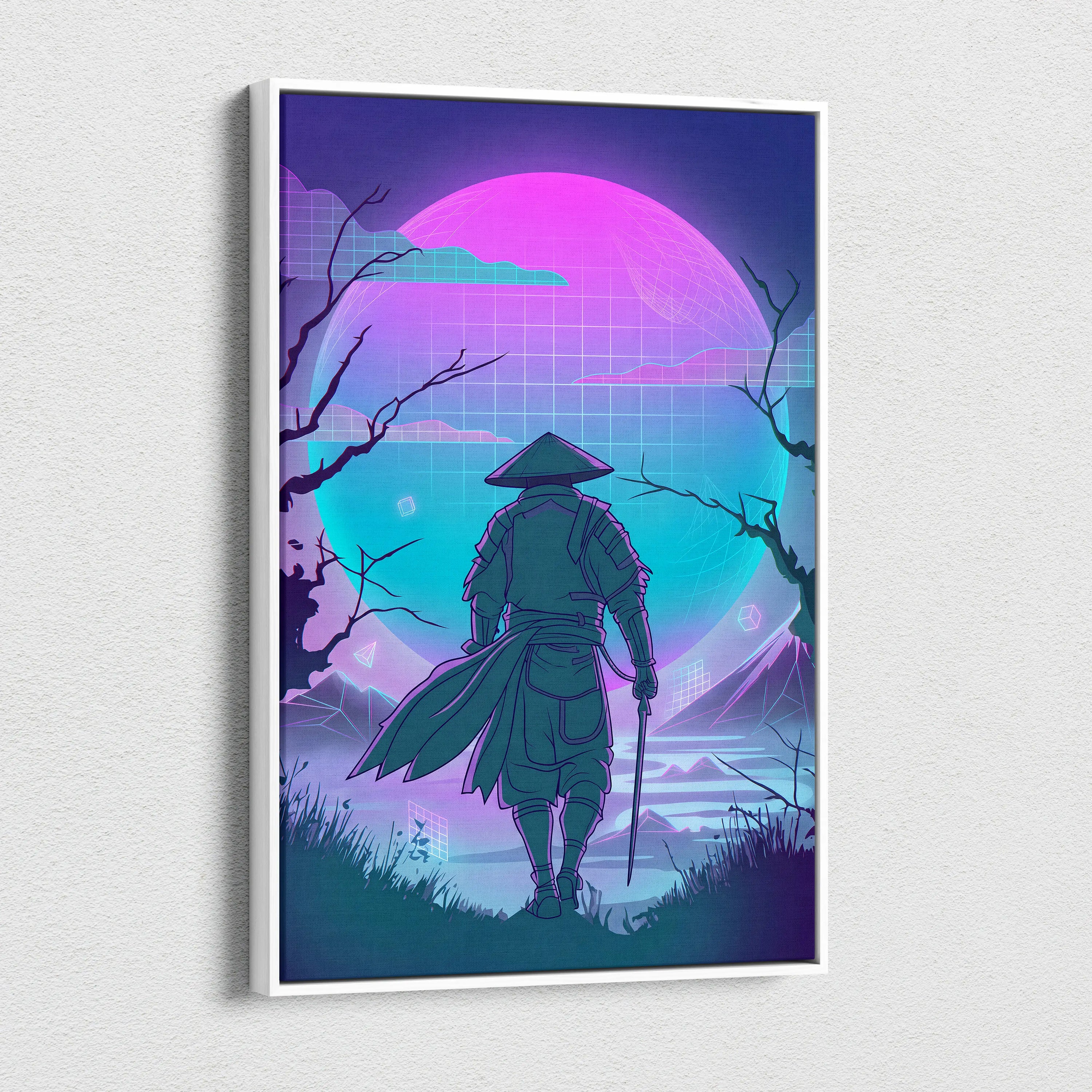 Vaporwave Neon Samurai Canvas - Samurai Neon Pink Purple Teal Living Room Vaporwave Dreamy Mood Neon Grid Canvas Print