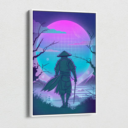 Vaporwave Neon Samurai Canvas - Samurai Neon Pink Purple Teal Living Room Vaporwave Dreamy Mood Neon Grid Canvas Print