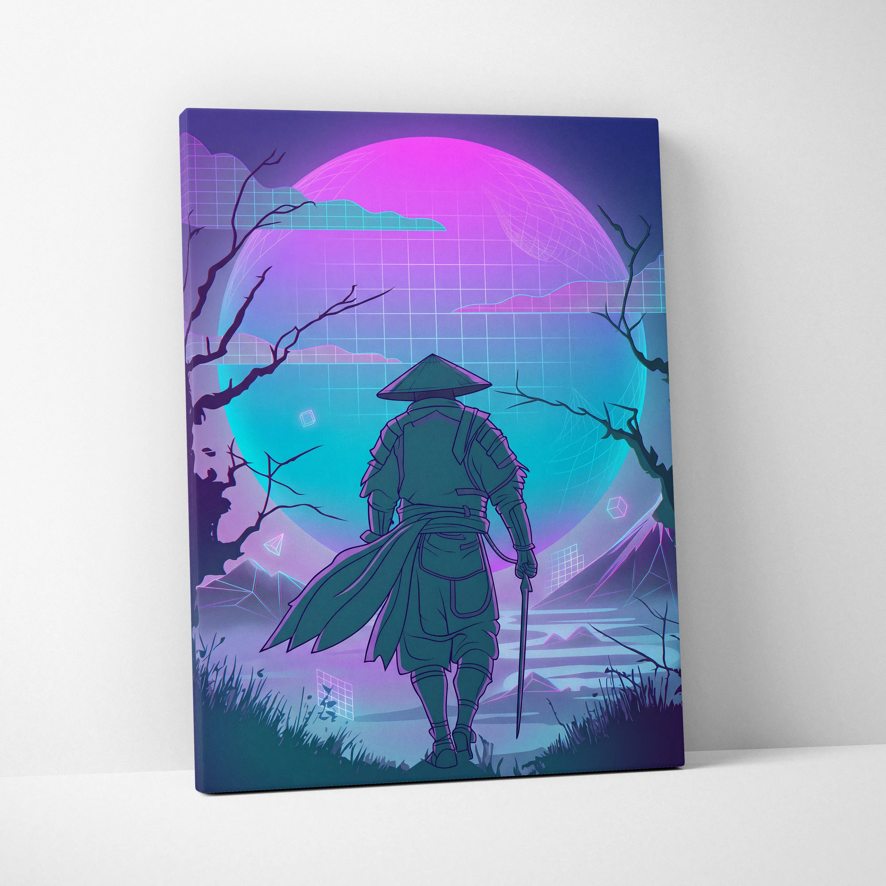 Vaporwave Neon Samurai Canvas - Samurai Neon Pink Purple Teal Living Room Vaporwave Dreamy Mood Neon Grid Canvas Print