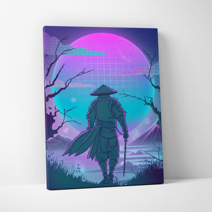 Vaporwave Neon Samurai Canvas - Samurai Neon Pink Purple Teal Living Room Vaporwave Dreamy Mood Neon Grid Canvas Print