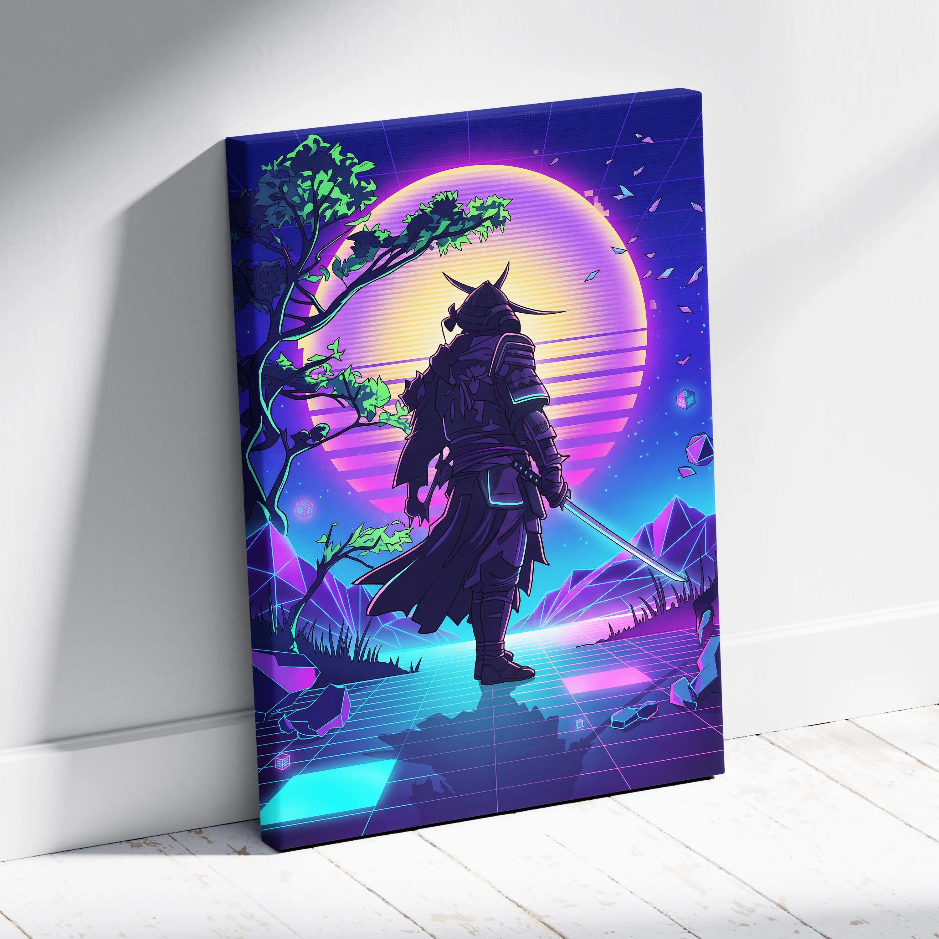 Vaporwave Neon Samurai Canvas - Samurai Neon Pink Purple Cyan Living Room Neon Mood Retro Futurism Wall Art Canvas