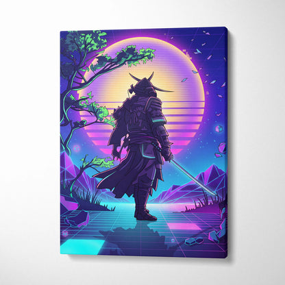 Vaporwave Neon Samurai Canvas - Samurai Neon Pink Purple Cyan Living Room Neon Mood Retro Futurism Wall Art Canvas