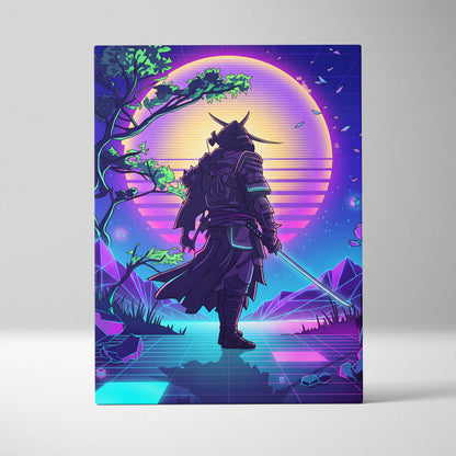 Vaporwave Neon Samurai Canvas - Samurai Neon Pink Purple Cyan Living Room Neon Mood Retro Futurism Wall Art Canvas