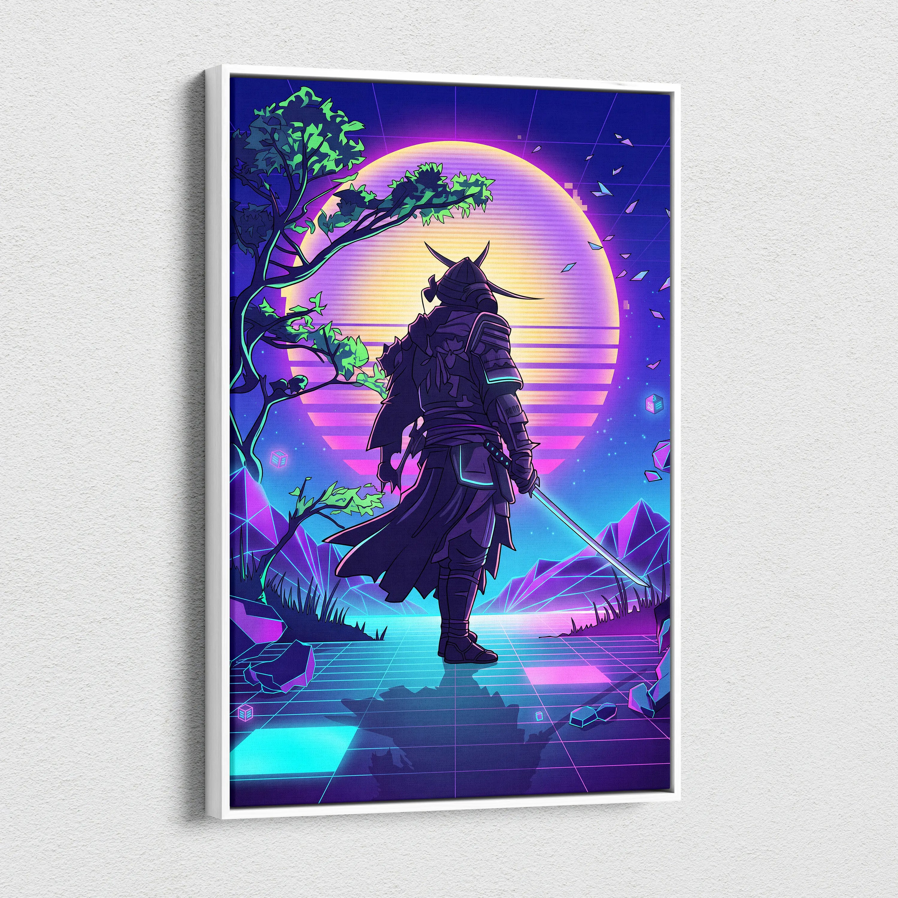 Vaporwave Neon Samurai Canvas - Samurai Neon Pink Purple Cyan Living Room Neon Mood Retro Futurism Wall Art Canvas