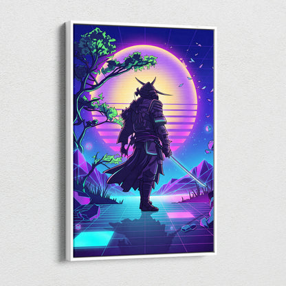 Vaporwave Neon Samurai Canvas - Samurai Neon Pink Purple Cyan Living Room Neon Mood Retro Futurism Wall Art Canvas