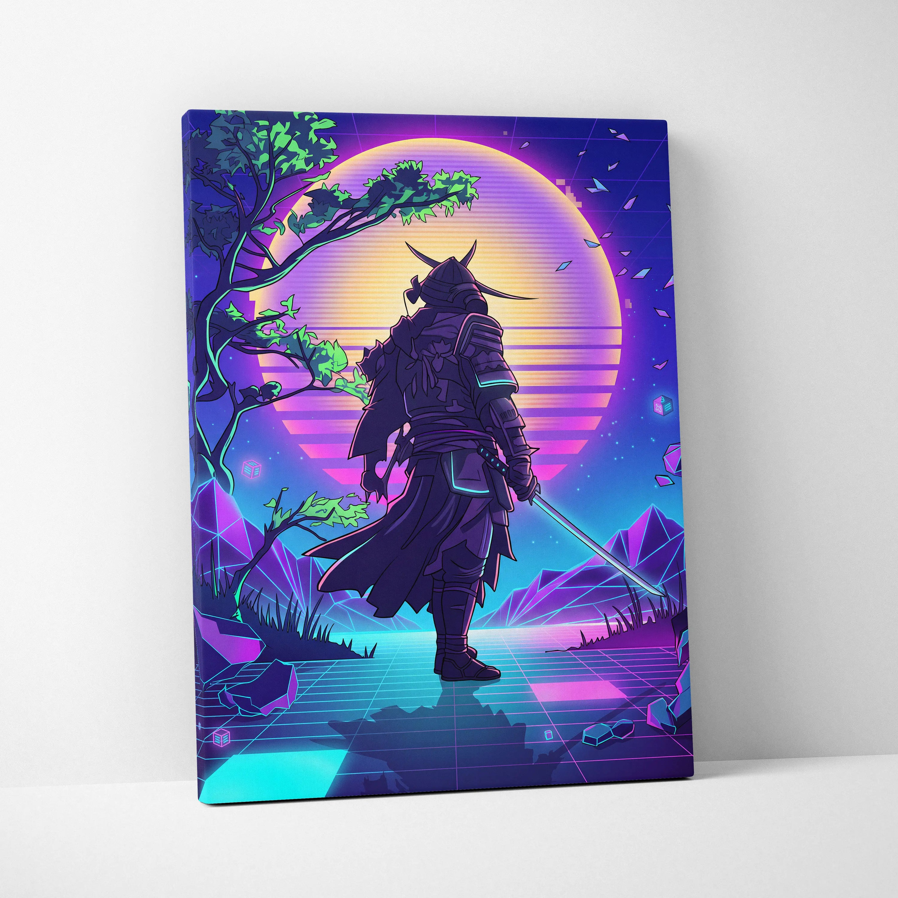 Vaporwave Neon Samurai Canvas - Samurai Neon Pink Purple Cyan Living Room Neon Mood Retro Futurism Wall Art Canvas