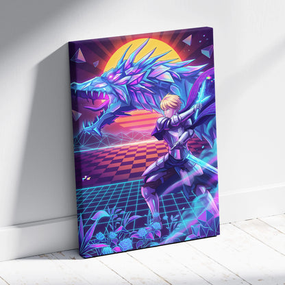 Vaporwave Dragon Neon Canvas - Dragon Neon Blue Purple Living Room Vaporwave Mystical Neon Retro Wall Decor Canvas Print