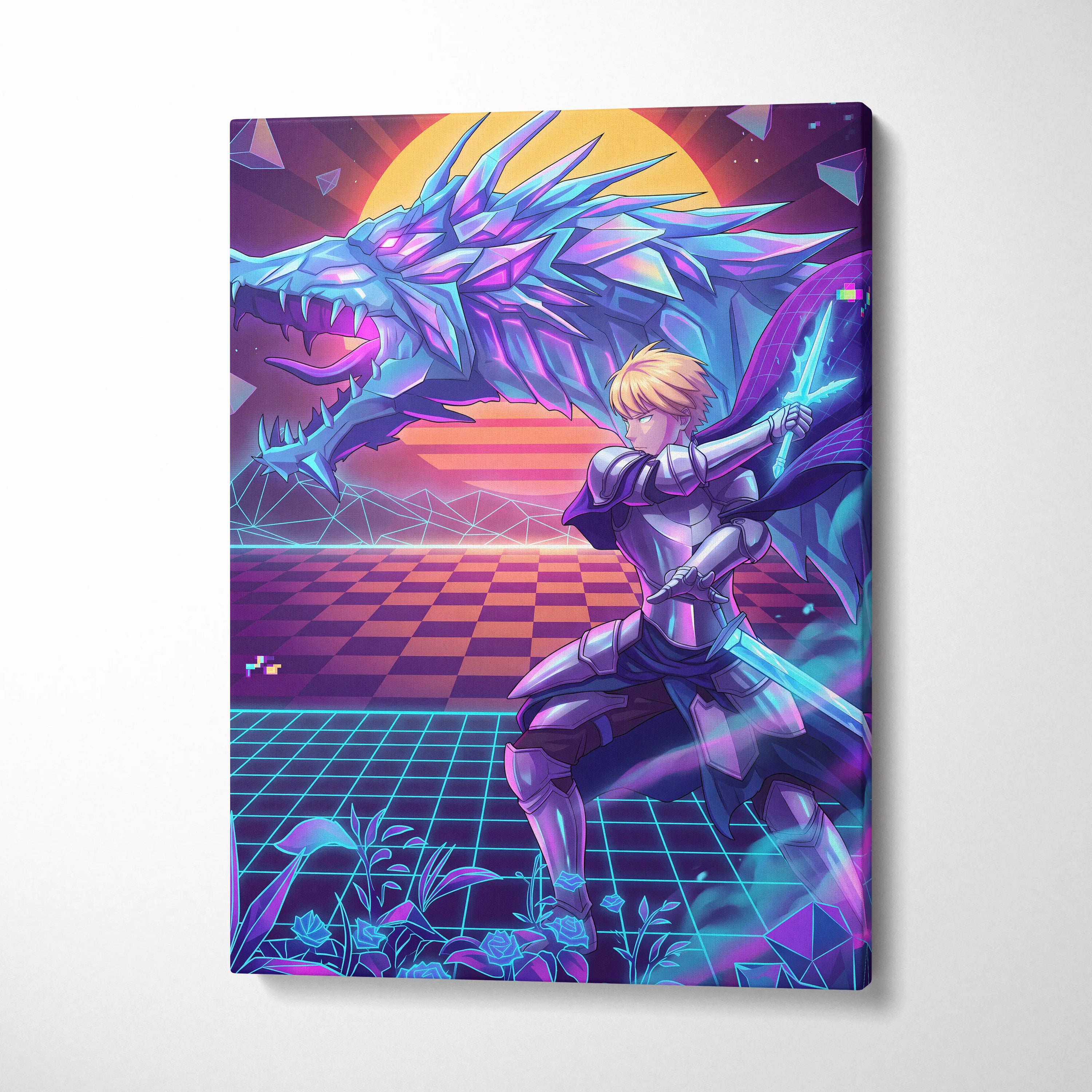 Vaporwave Dragon Neon Canvas - Dragon Neon Blue Purple Living Room Vaporwave Mystical Neon Retro Wall Decor Canvas Print