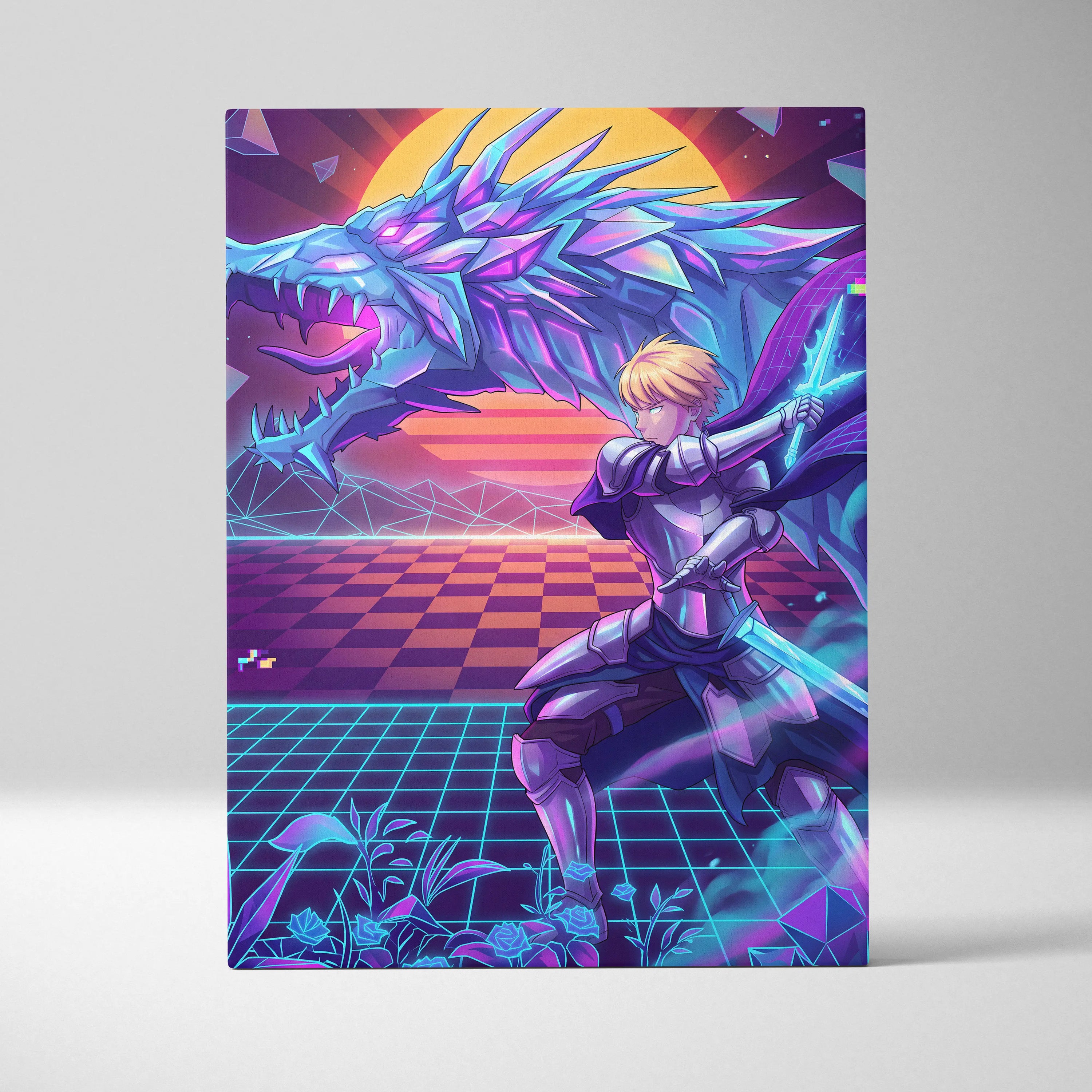 Vaporwave Dragon Neon Canvas - Dragon Neon Blue Purple Living Room Vaporwave Mystical Neon Retro Wall Decor Canvas Print