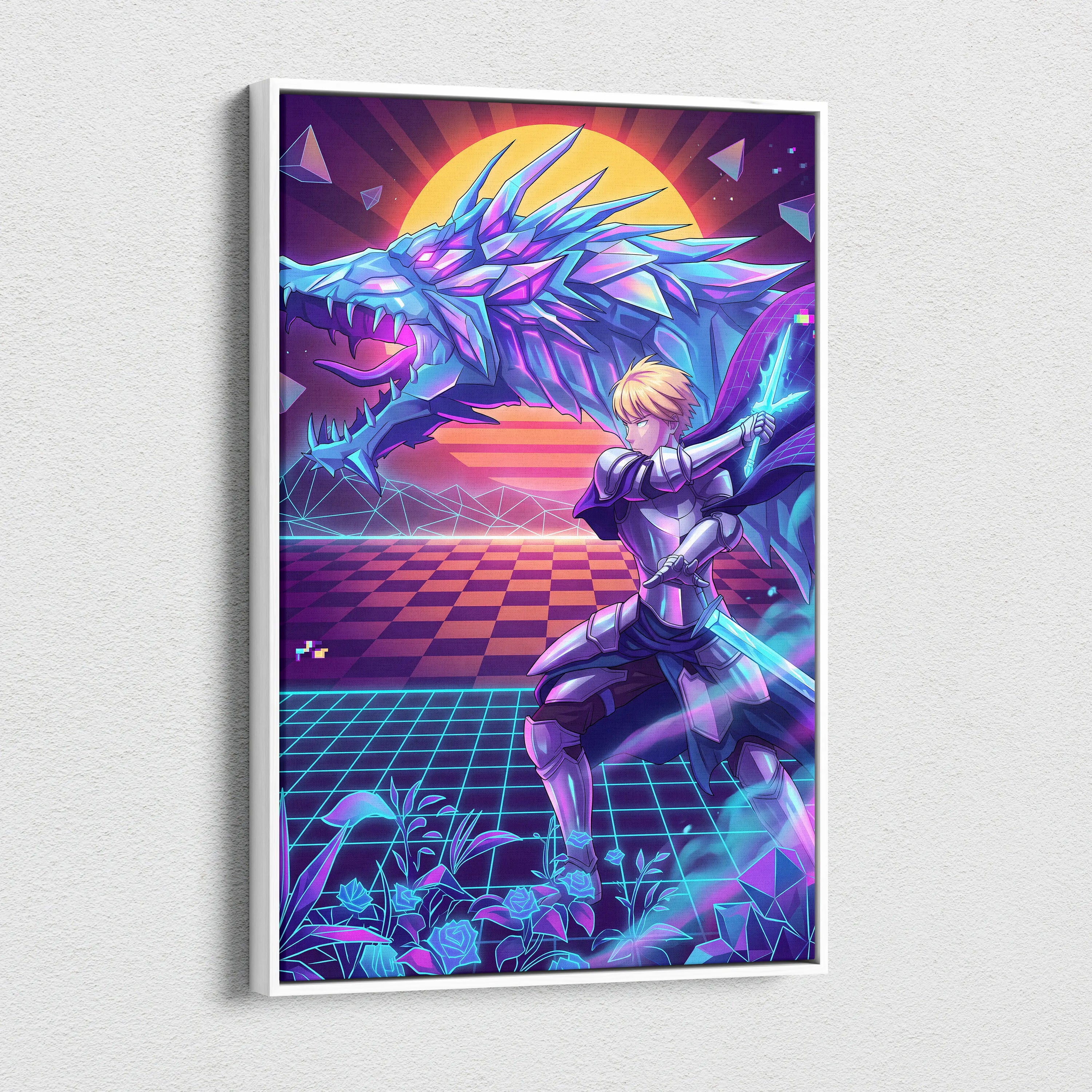 Vaporwave Dragon Neon Canvas - Dragon Neon Blue Purple Living Room Vaporwave Mystical Neon Retro Wall Decor Canvas Print