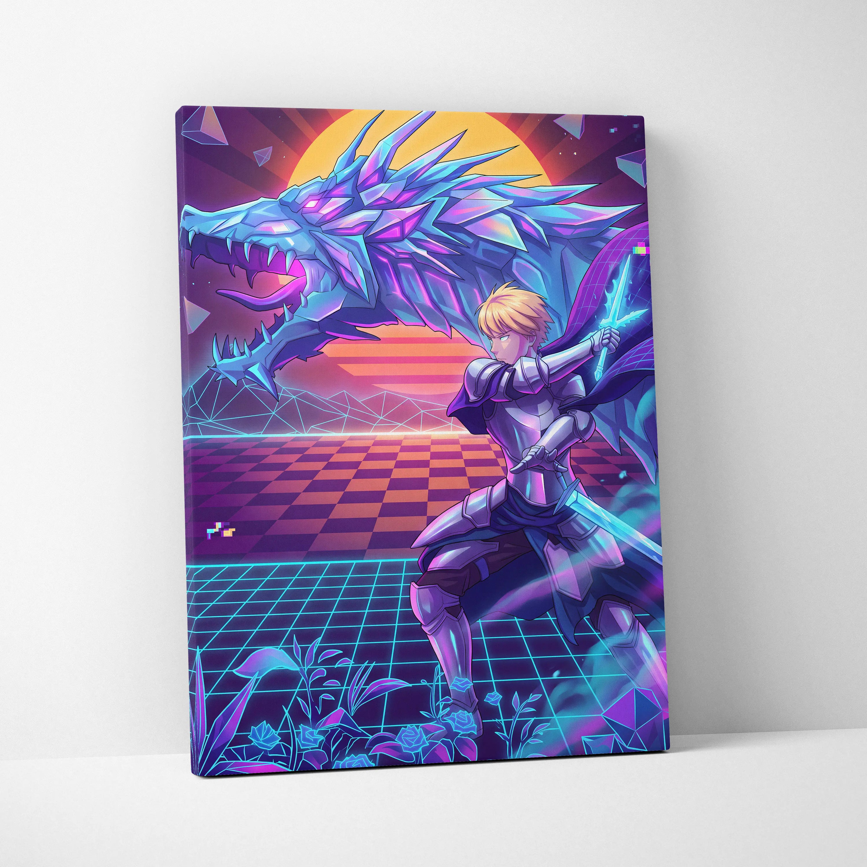 Vaporwave Dragon Neon Canvas - Dragon Neon Blue Purple Living Room Vaporwave Mystical Neon Retro Wall Decor Canvas Print